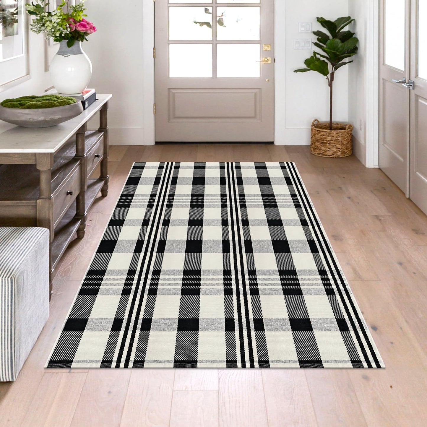 Fixseed Buffalo Plaid Checkered Rug 4'x6' Front Door Mat Outdoor,Black and Beige Cotton Washable Front Porch Rug Layered Doormats for Living Room Dining Room Bedroom Farmhouse