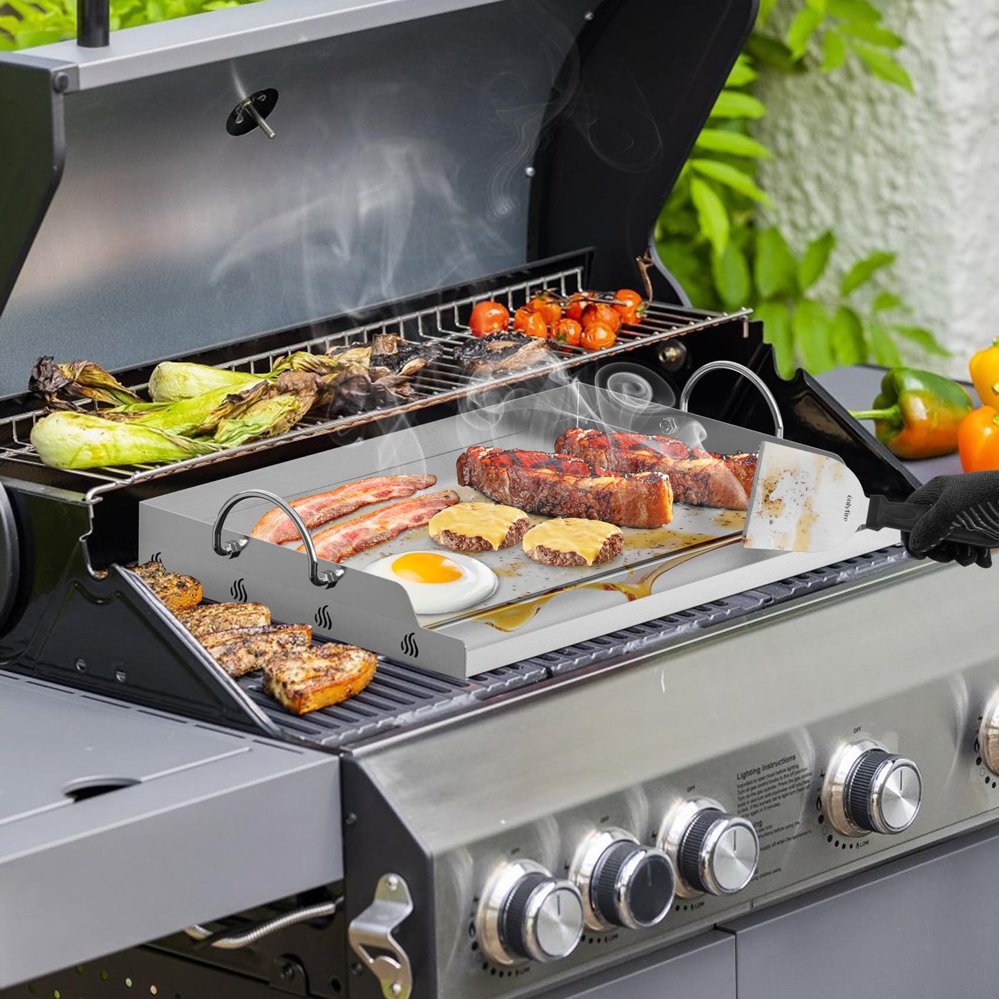 Onlyfire Griddle and Cooking Tool Kit, 18"×12.5" Outdoor Flat Top Griddle Plate with BBQ Scraper, Spatula and Scouring Pad for Gas and Charcoal Grills