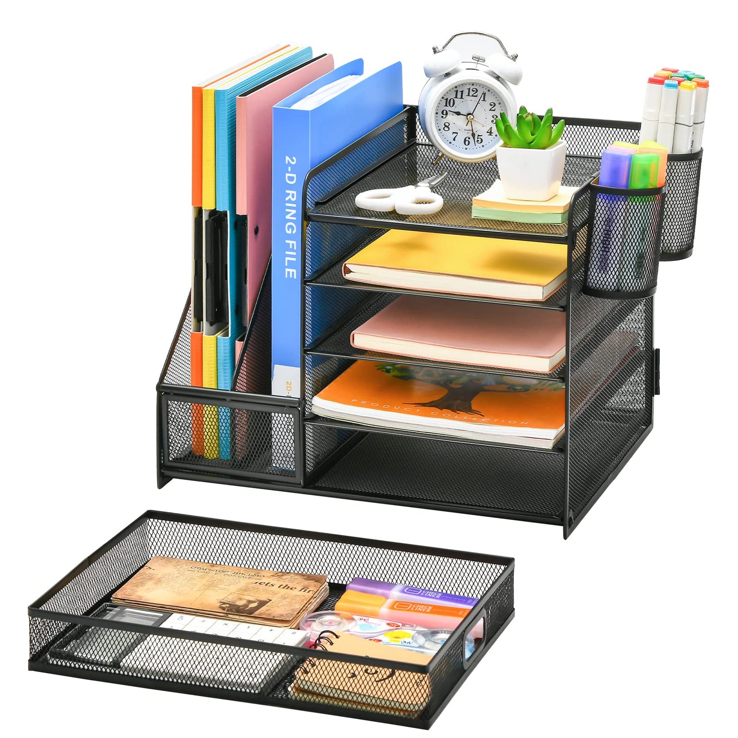 Marbrasse Desk Organizer with File Holder, 5 Tier Paper Letter Tray with Drawer and 2 Pen Holders, Document Organizer with Magazine Holder for School, Home, Office Supplies (Black)