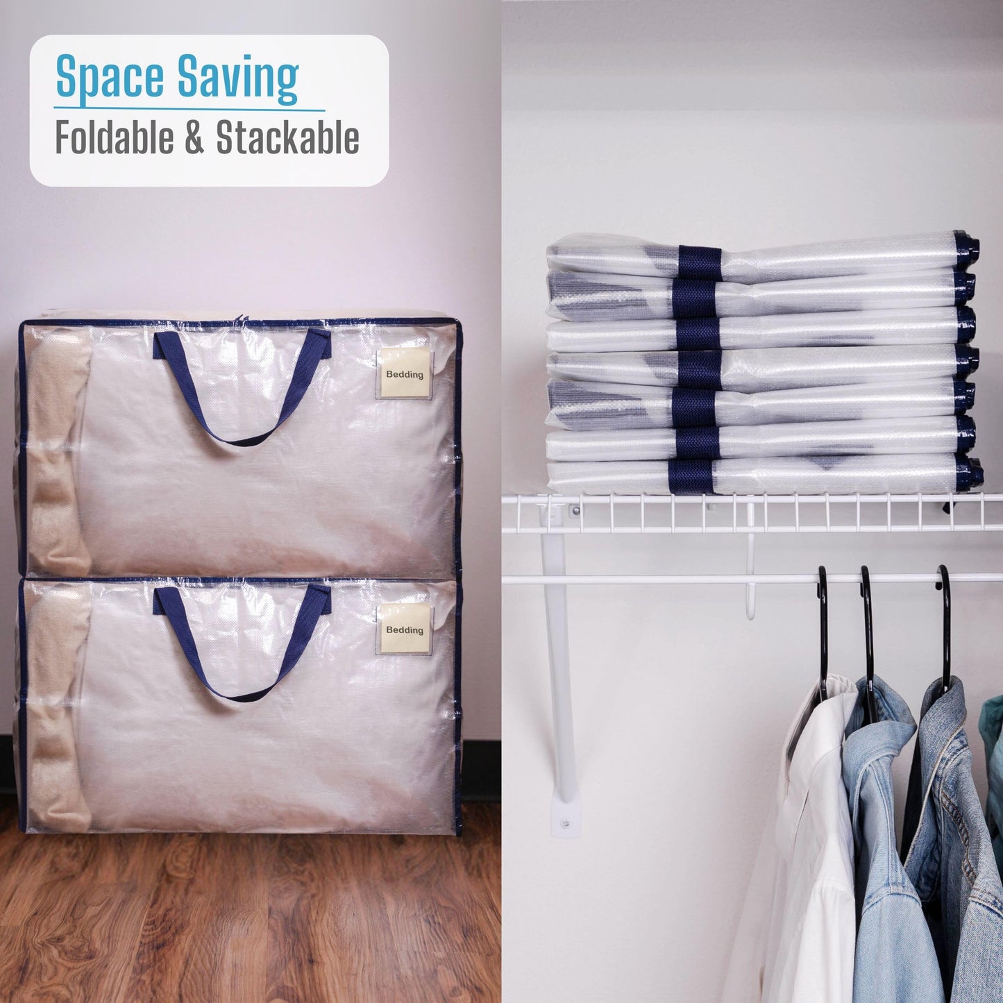 VENO Heavy Duty Extra Large Foldable Storage Bags with Zippers & Carrying Handles, Storage Containers Organizer Tote, Moving Boxes for College Dorm, Travel, Camping, Reusable (Clear, 8 Pack)