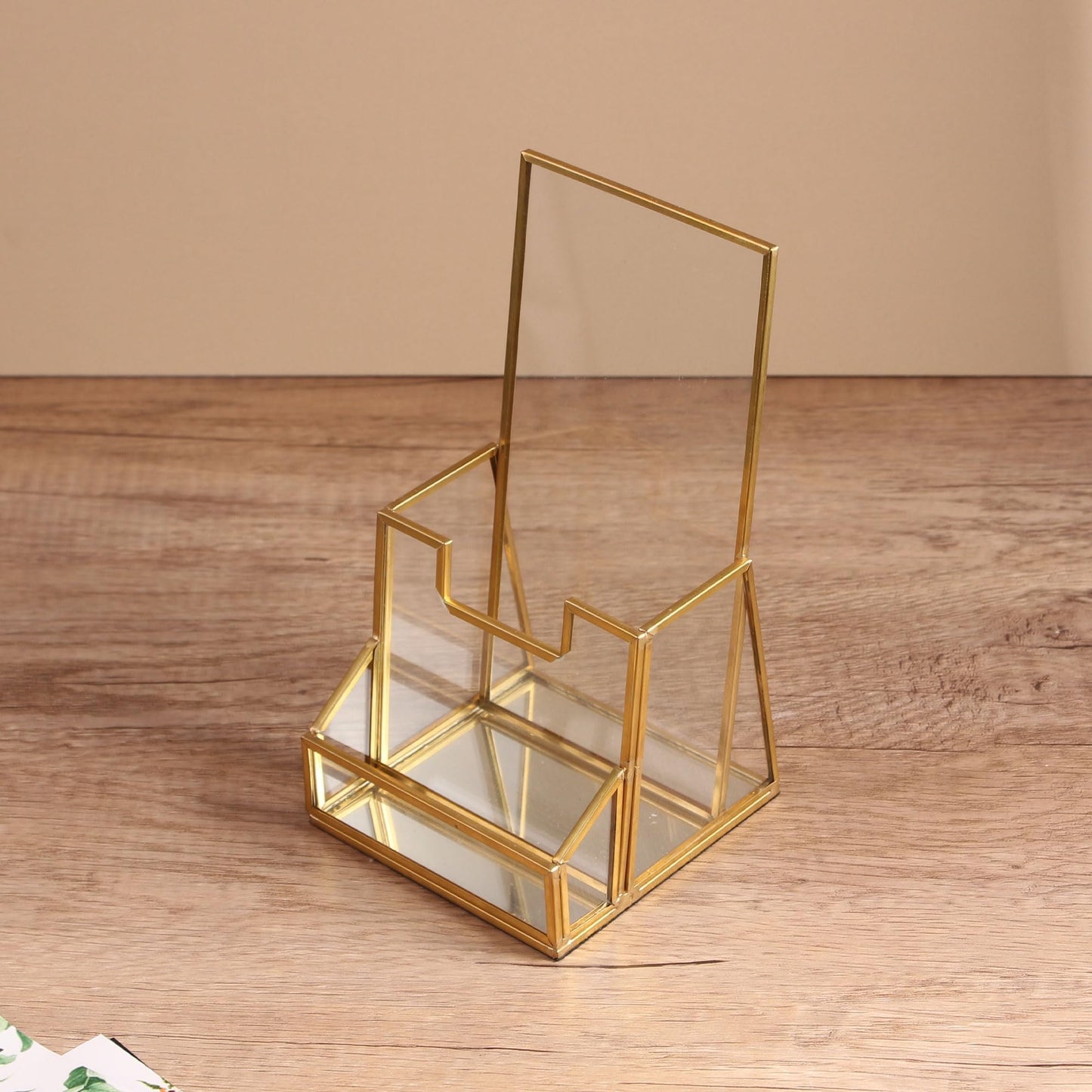 Feyarl Gold Glass Brochure Holder Pamphlets Cards Literature Holder Flyer for 4" Trifold Holder Glass Display Stand with Business Card Holder for Brochures Magazines Literatures Display