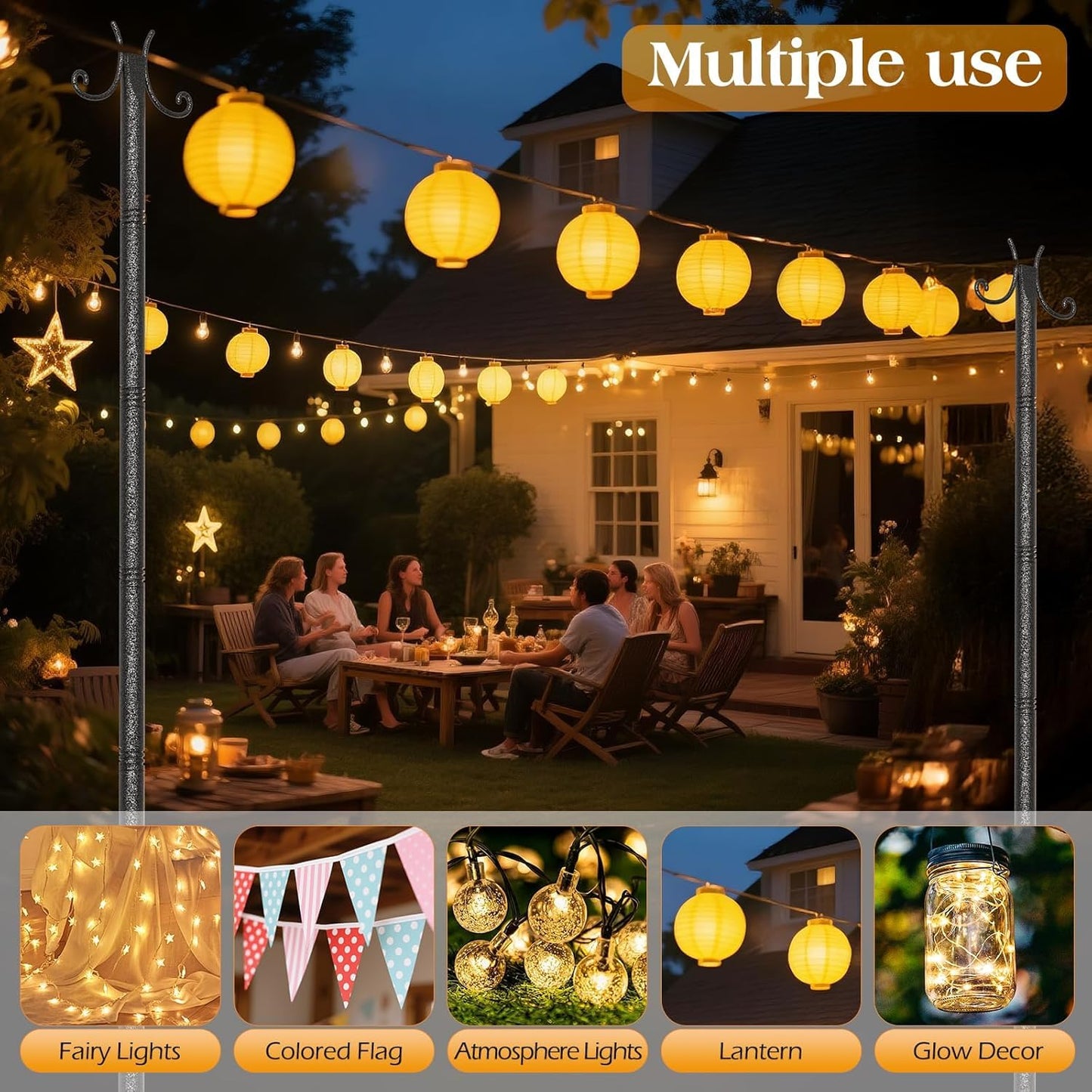 2 Pack Outdoor String Light Poles, Metal Lights Hanging Pole with Hooks and Rustproof, for Patio Garden Deck Backyard Lawn Sunshade and Decor