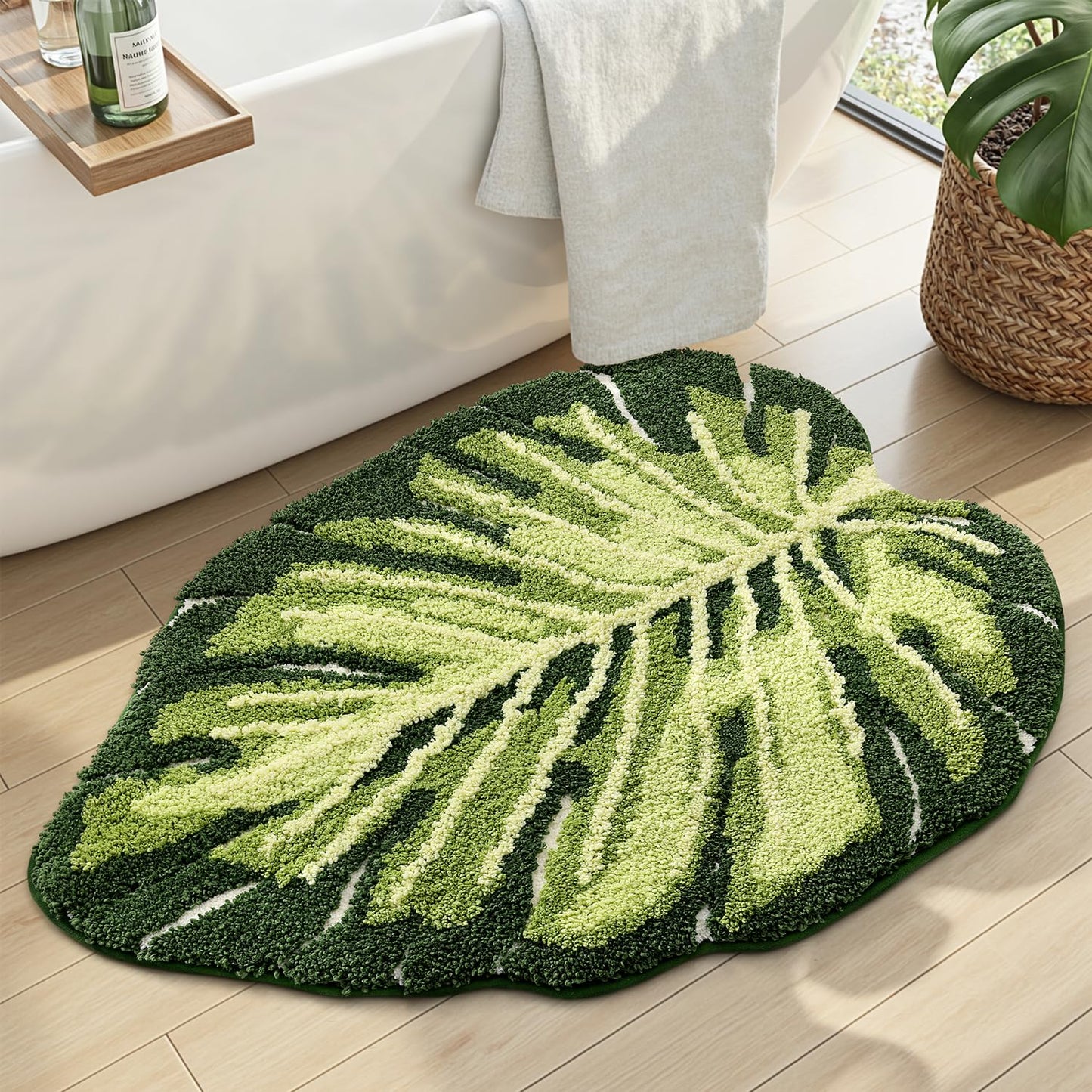 DEXI Bath Mat Leaf Plant, 23.5x31.5 Soft Absorbent Bathroom Rug with Non Slip Backing, Microfiber Washable Floor Carpet Bathmat for Sink, Living Room, Monstera Green