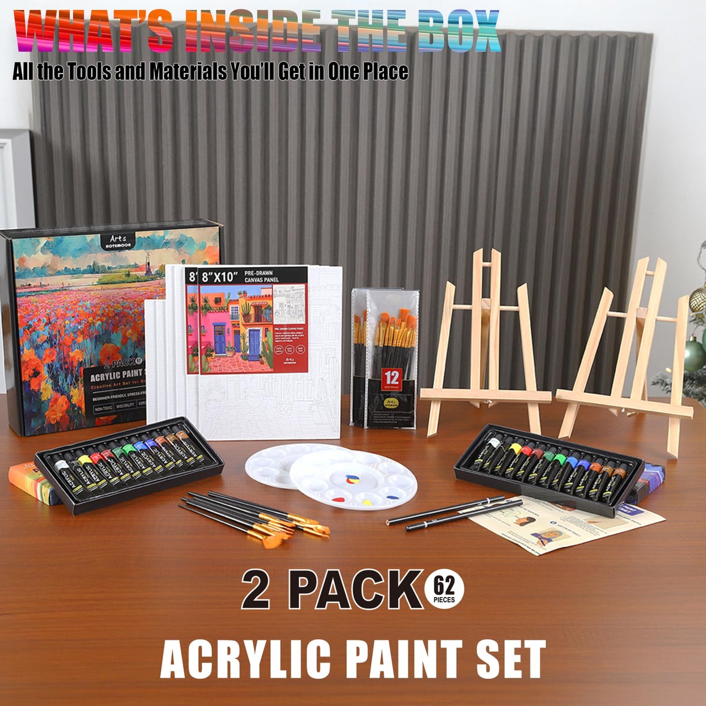 2 Pack Painting Set for Couples or Family Groups, 62 PCS Paint Set with 2 Table Easels,24 Acrylic Paints,6 Pre-Drawn & Blank Canvases,24 Brushes,2 Pencils,2 Palettes and Painting Guides
