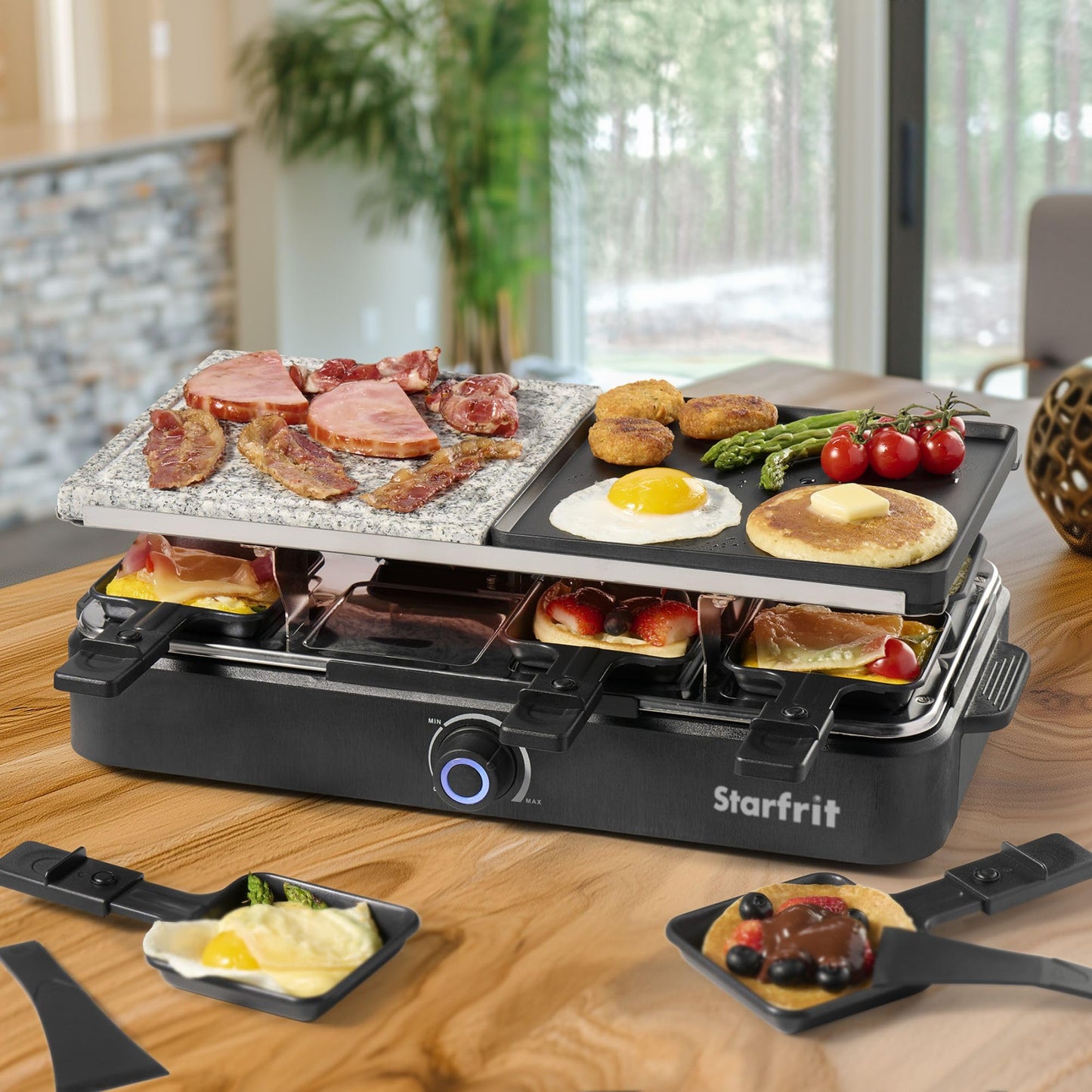 Starfrit 8-Person Raclette Party Grill - 2-in-1 Die-Cast Aluminum & Cooking Stone - Reversible Grill/Griddle Plate - Adjustable Temperature - 8 Non-Stick Spatulas & Dishes -1300W