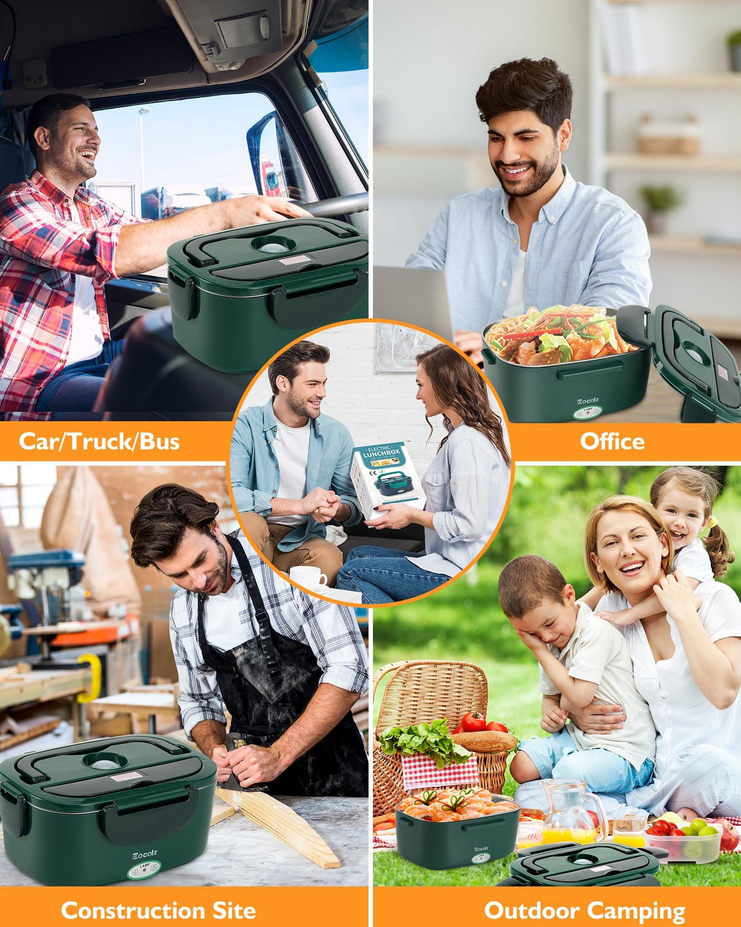 Electric Lunch Box Food Heater - 100W Fast Heating Lunch Box 12V/24V/110-230V Warming Lunchbox, Dual 1.5L Containers, Portable Food Warmer for Car/Truck/Travel, with Spork & Insulated Carry Bag
