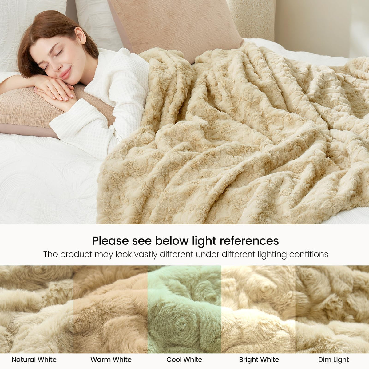 Cozy Bliss Faux Fur Throw Blanket for Couch, Fuzzy Soft Plush Thick Warm Fluffy Reversible Wave Textured Blanket for Sofa Bedroom Living Room, 55 * 70 Inches Khaki