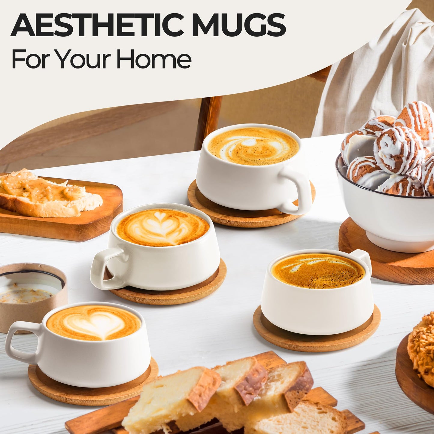 MIAMIO – 320 ml., Set of 4 Ceramic Tea Cup and Saucer Bamboo/Tea Mug - Wide Cappuccino Cup, Coffee Cups Ceramic Mug for Cappuccino, Latte, Espresso & Americano - Luxe Collection (White)