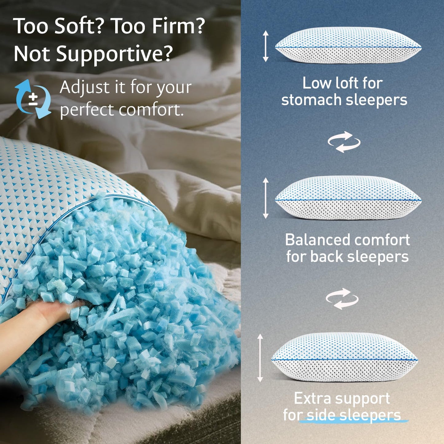 Cooling Gel Memory Foam Pillows Queen Size Set of 2 for Sleeping,Bamboo Rayon Adjustable Firm Shredded Foam Bed Pillows 2 Pack for Side, Back, Stomach Sleepers Luxury Washable Breathable Pillowcase