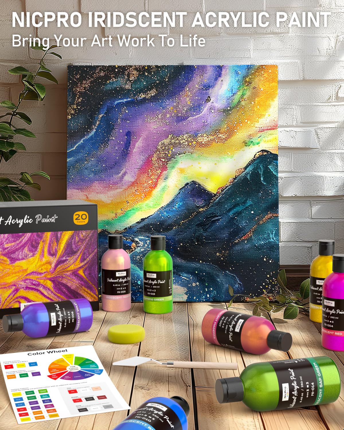 Nicpro 20 Colors Iridescent Acrylic Paint, 8.45oz/250ml Large Bulk Metallic Acrylic Paint, Non-Toxic Art Painting Supplies For Halloween Canvas Fabric Rock Wood with Paint Knife Color Wheel