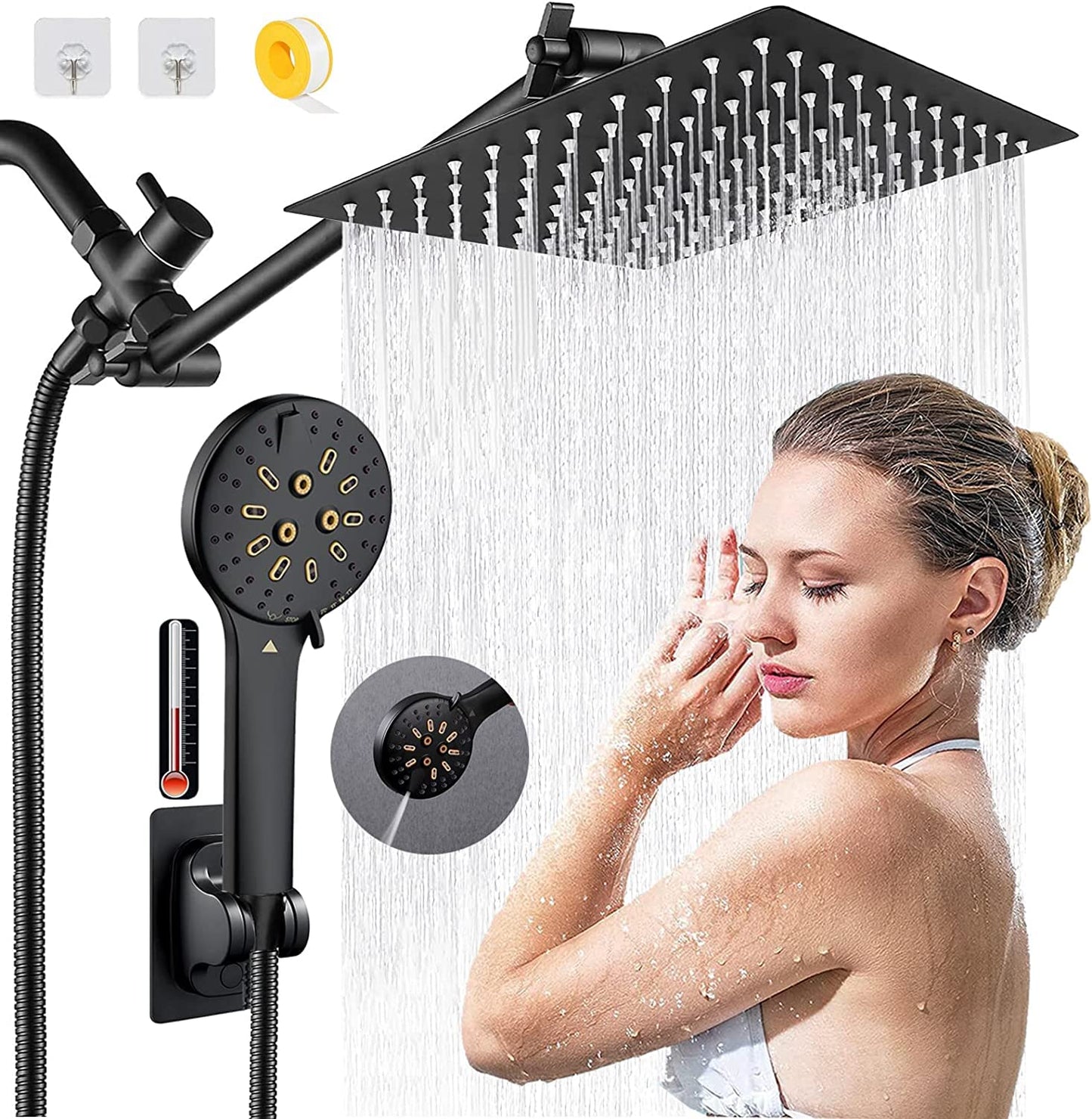 Shower Head Combo, 10'' High Pressure Rainfall Shower Head with 11'' Extension Arm,6 Settings Handheld Shower Heads with Holder &78'' Hose, Water Temperature Reminder (Black)…