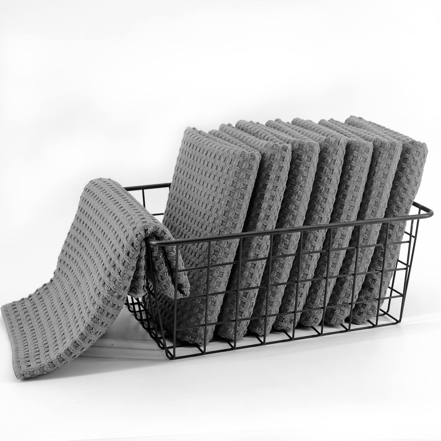 Polyte Ultra Premium Microfiber Kitchen Dish Hand Towel Waffle Weave, 8 Pack (16x28 in, Grey)