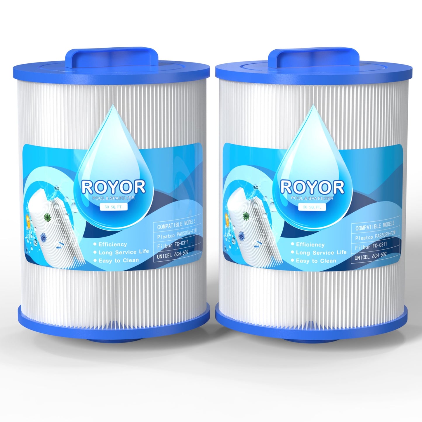 ROYOR PAS50SV Hot Tub Filter - Compatible with Excel Filters XLS-604 Artesian Spa Filters, Hot Tub Filter Replacement for Filbur FC-0311, 6CH-502, PAS50sv-F2M, 50 Sq.ft Artesian Spa Filter, 2 Pack