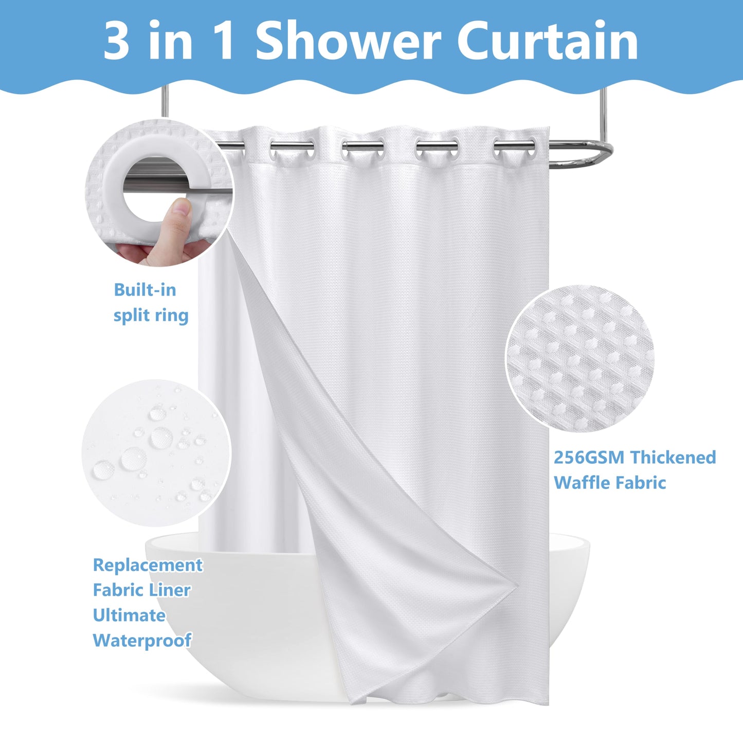 PILOTSHARK Hookless Waffle Weave Shower Curtain with Snap-in Fabric Liner,256GSM Heavy Duty Fabric Shower Curtain Set,White Waterproof Washable Luxury Shower Curtain for Bathroom Stall (72x75 Inch)