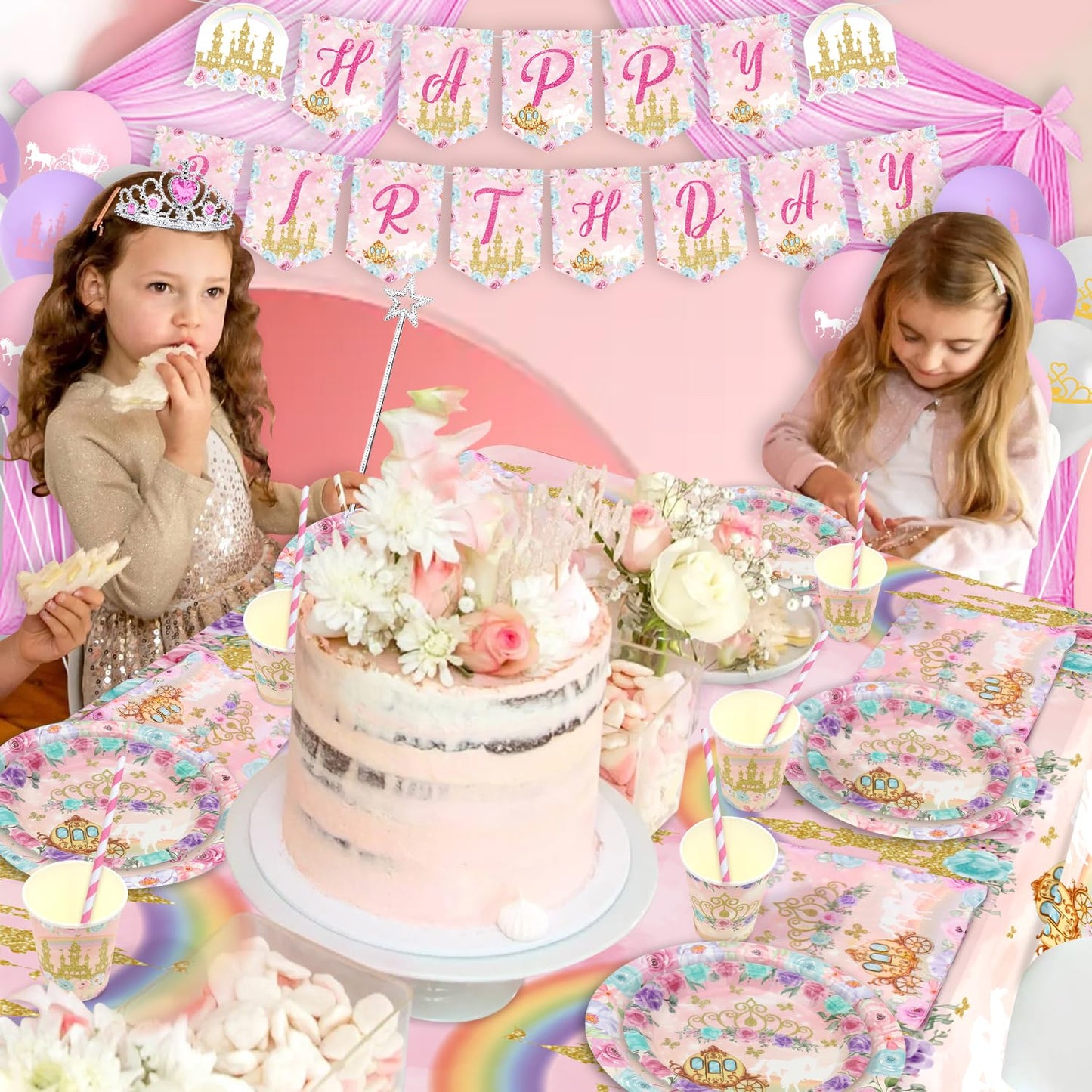 Princess Birthday Party Supplies, Includes Banner, Plates, Tulle, Napkins, Cake Toppers, Crowns, Wands, Balloons, Tablecloths, for Girls Princess's Themed Baby Shower Decorations, Serve 20 (Style A)