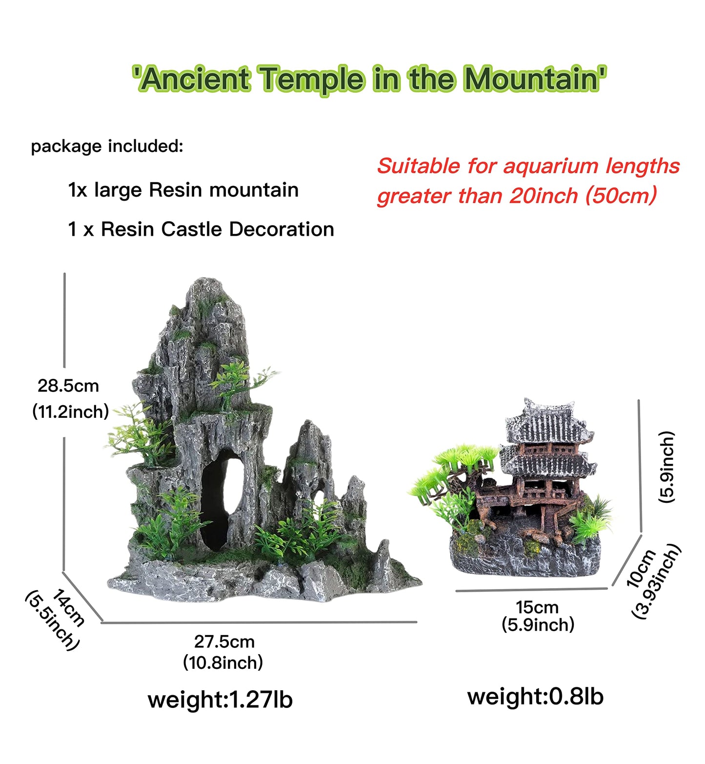 AWXZOM Extra Large Aquarium Decorations kit - “Ancient Temple in The Mountain”, Japanese Aquarium Decorations Resin Aquarium Castle Decorations Aquarium Mountain View Stone