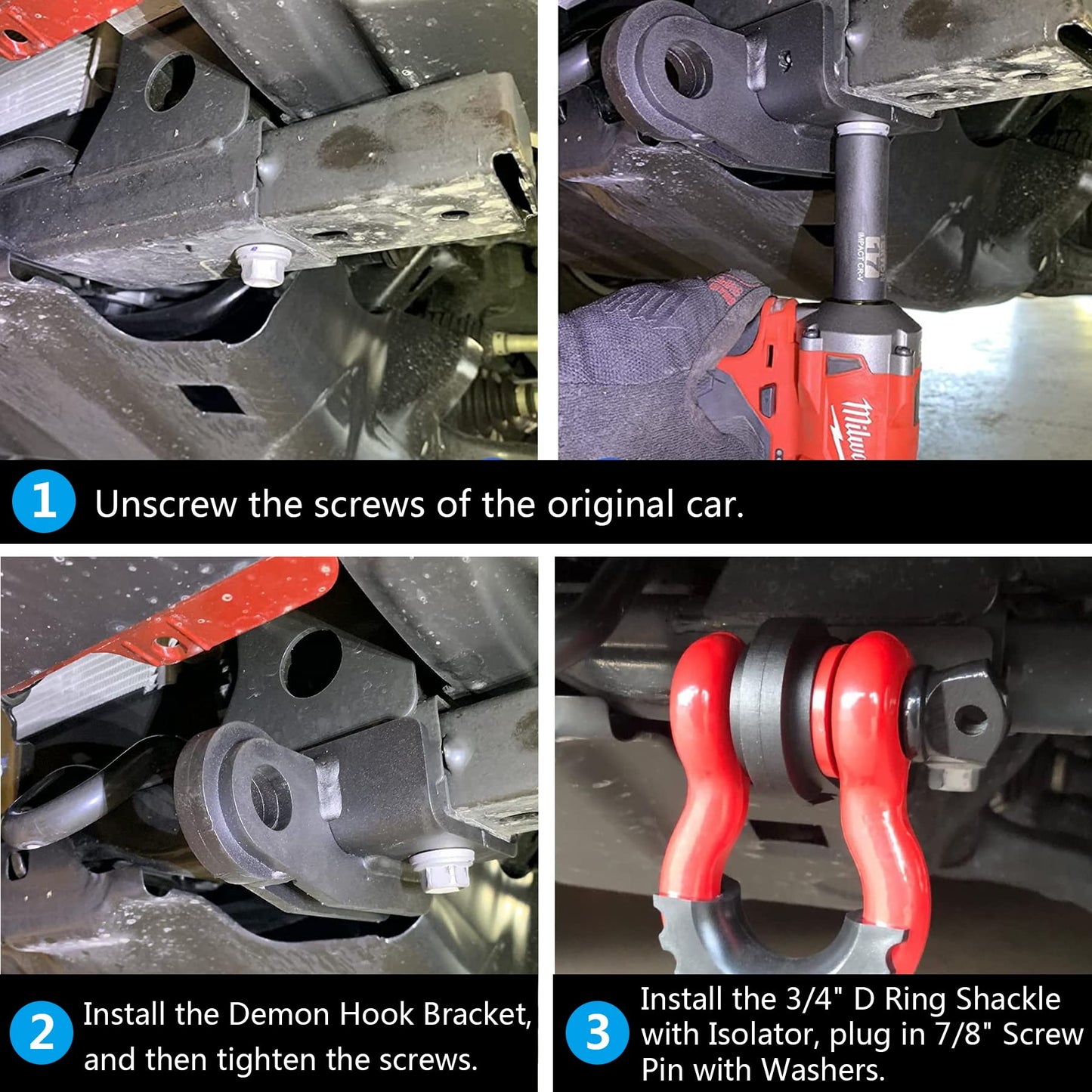 Front Tow Hook Demon, Compatible with 2009-2023 Toyota Tacoma, with 3/4" D Ring Shackle (2 Pack), with 7/8" Screw Pin and Shackle Isolator & Washers, Front Tow Hook Bracket, Front Tow Shackle