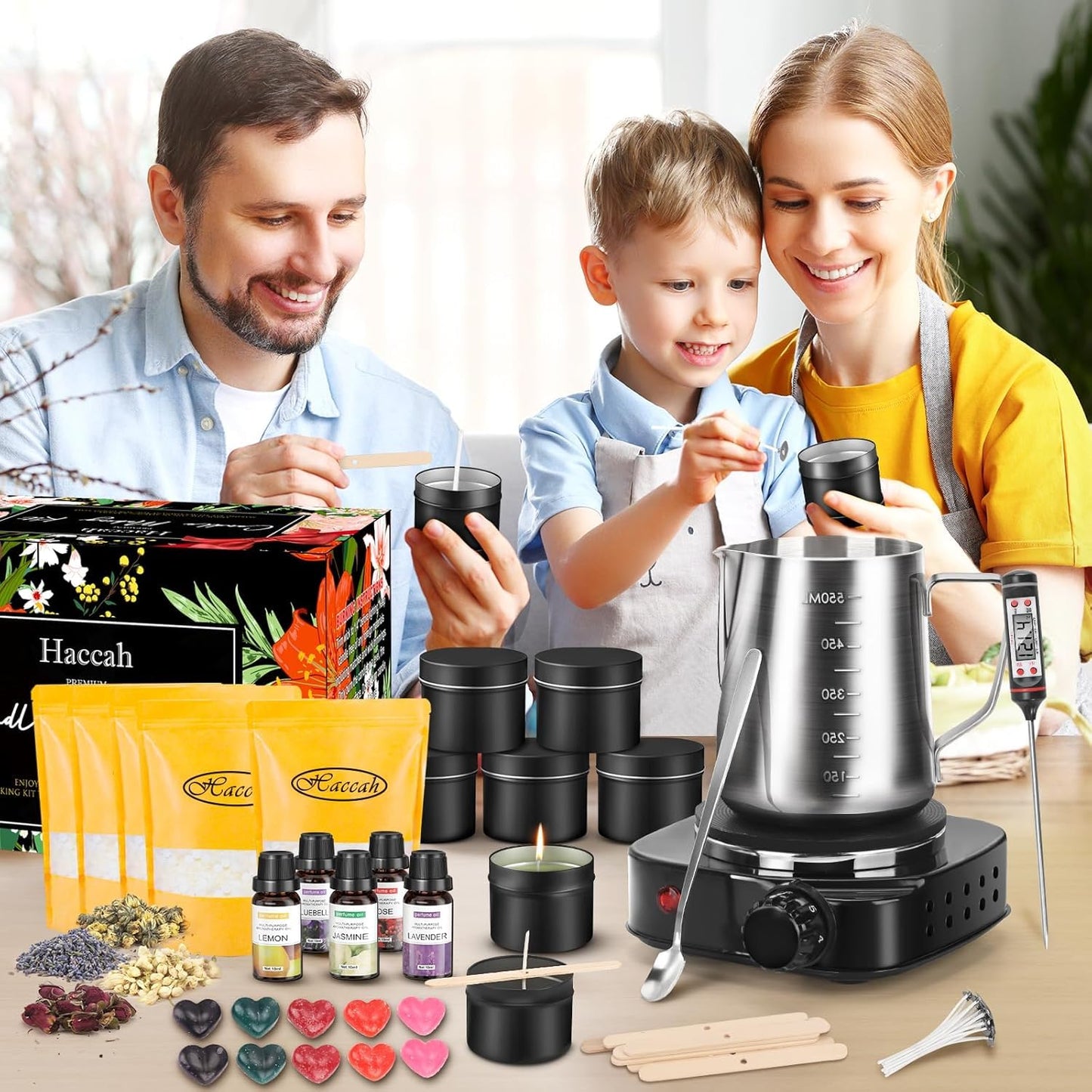 Complete Candle Making Kit with Wax Melter, Making Supplies,DIY Arts&Crafts Gift for Beginners,Adults,Including 500w Electronic Stove,Wicks,Rich Scents,Dyes,Melting Pot,Candle tins