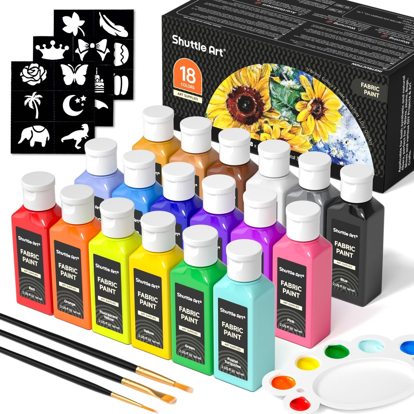 Shuttle Art Fabric Paint, 18 Colors Permanent Soft Fabric Paint in Bottles (60ml/2oz) with Brushes, Palette, Stencils, Textile Paint for T-Shirts, Shoes, Jeans, Bags, DIY Projects & Art Crafts
