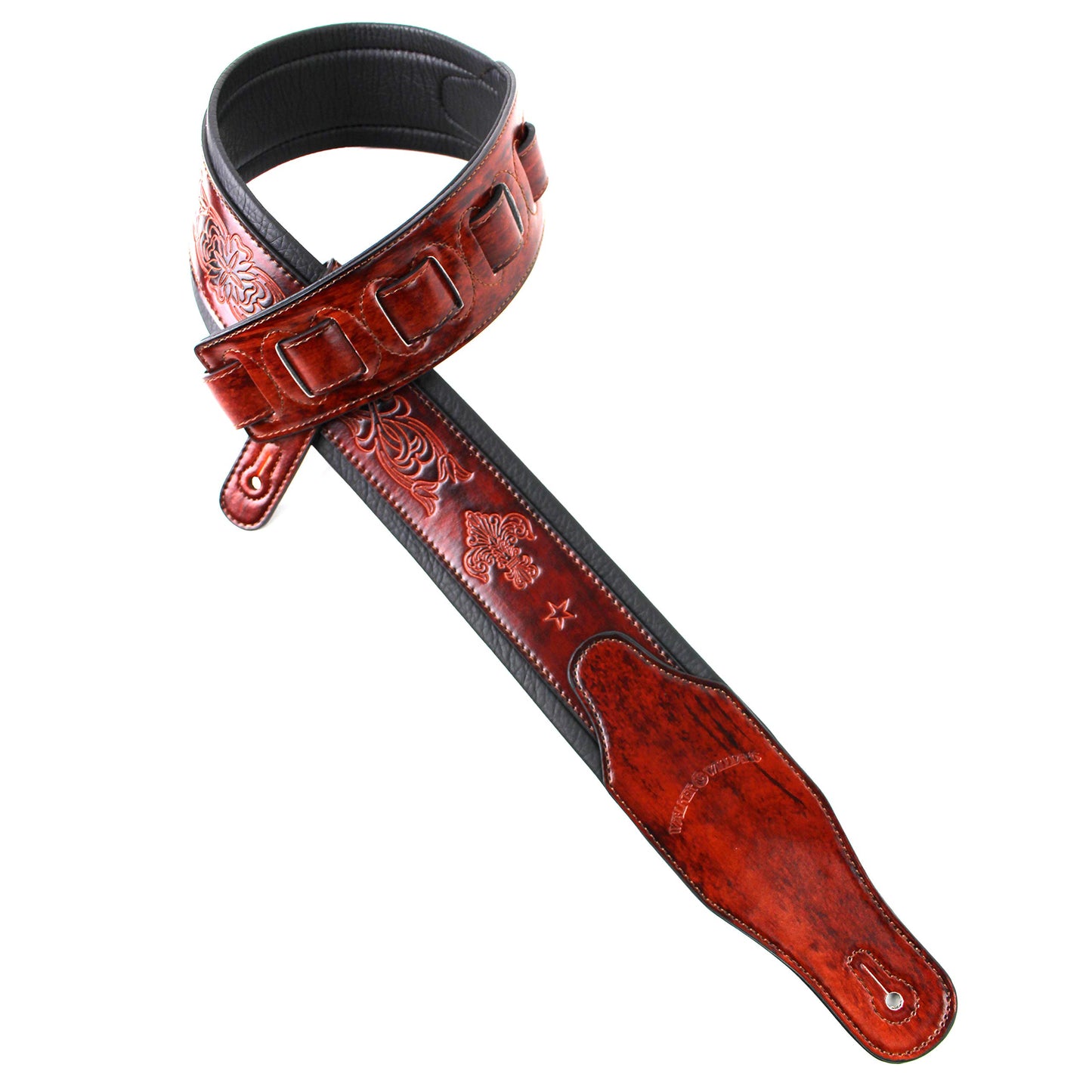 Walker And Williams GB-21 Bourbon Red/Brown Padded Guitar Strap with Fleur De Lis & French Chain Design For Acoustic, Electric, And Bass Guitars, Bourbon Red, 0