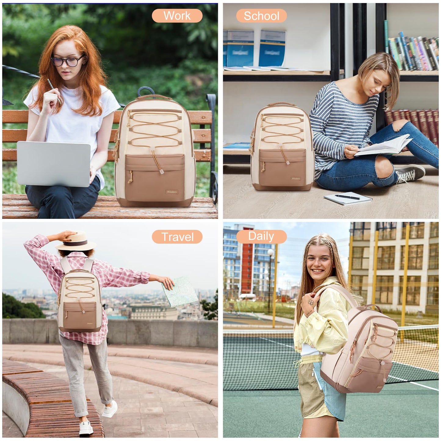 WINDARS School Backpack for Teens Girls, Aesthetic College Backpack Large Bookbag for Women Students Fashion 17.3 Inch Laptop Bag for Work Travel (Khaki Beige)
