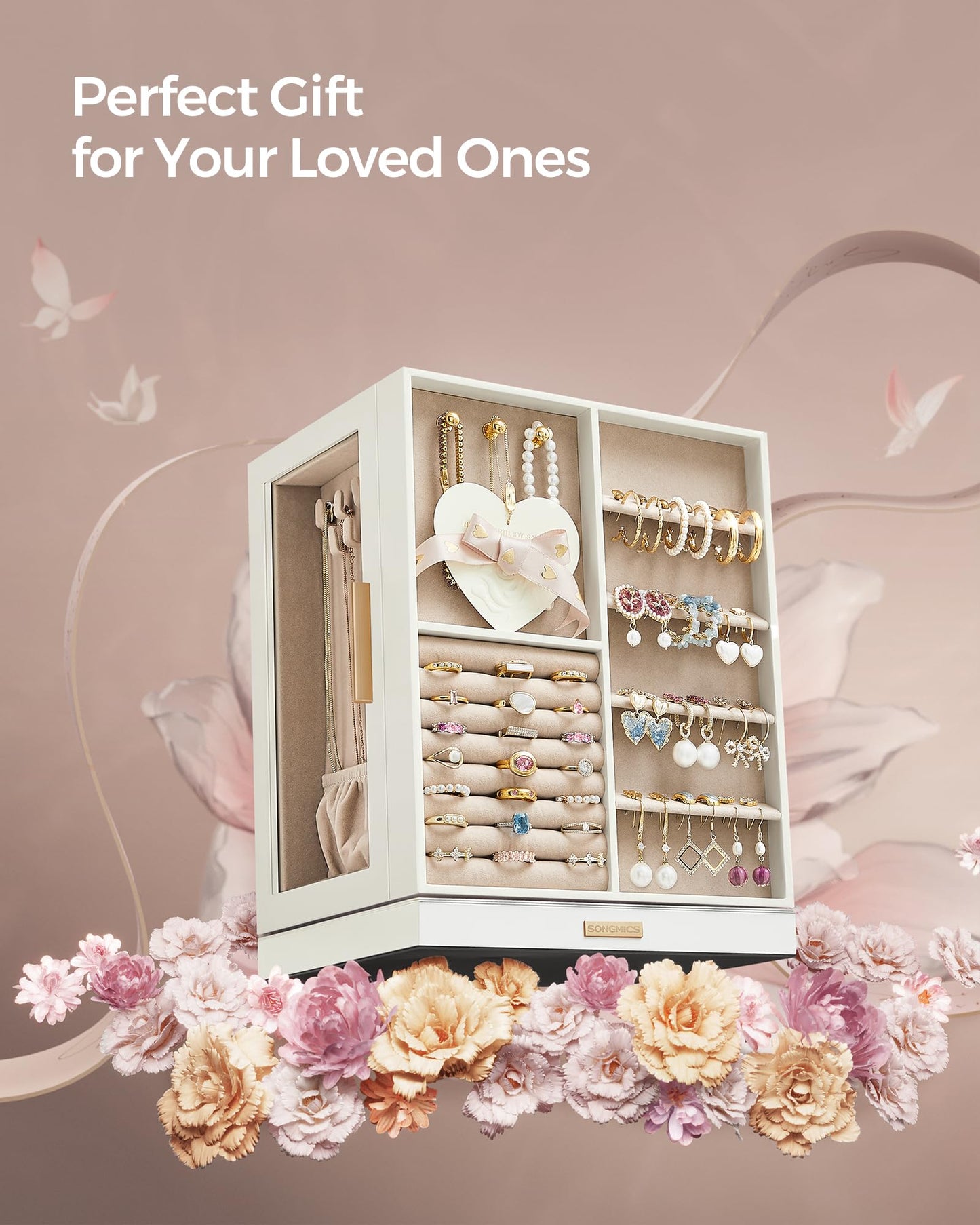 SONGMICS GISELLA Collection - Jewelry Box Organizer 360° Rotating, Large Vertical Jewelry Storage Case with 5 Drawers, Shiny Metal Hardware, Glass Window, Gift Idea, Cloud White UJBC170W01