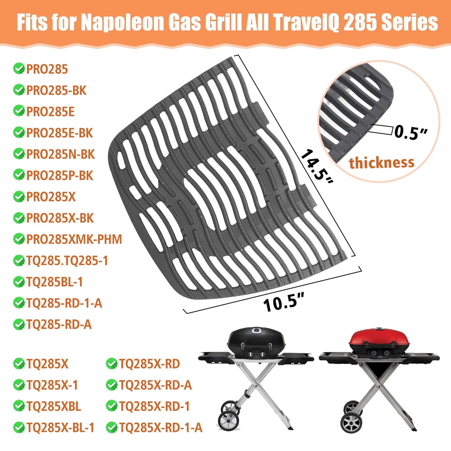 Travel q 285 Grate Upgraded Cast Iron Grill Grate Replacement Parts for Napoleon TravelQ 285 Series Gas Grill, 10.5" x 14.5", 2-Pack