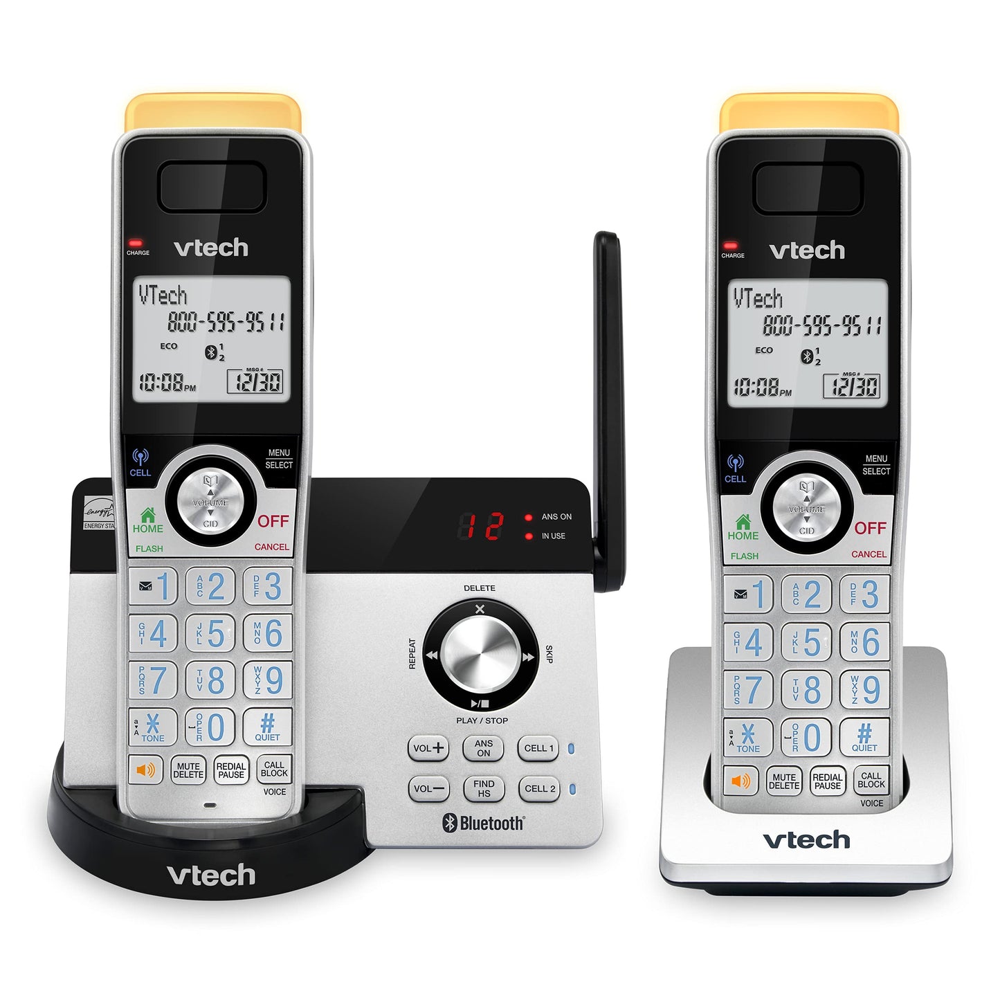 Vtech 2-Handset Expandable Cordless Phone with Super Long Range, Bluetooth Connect to Cell, Smart Call Blocker and Answering System, IS8121-2 (Silver/Black)