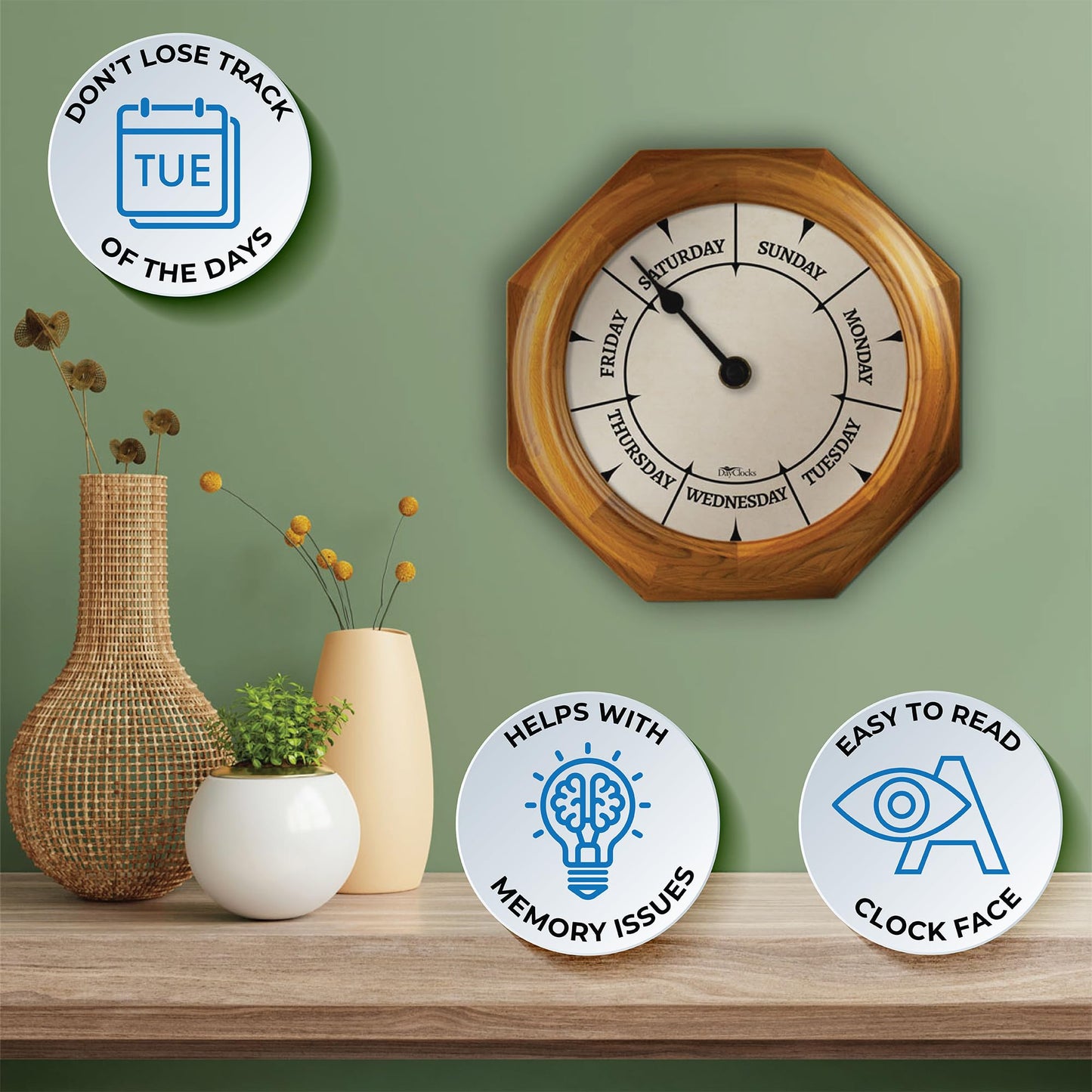 DayClocks Classic Day of The Week Wall Clock with Solid Wood Frame – Calendar Day Clock – Ideal Retirement Gift for Men & Women – Oak, 10"