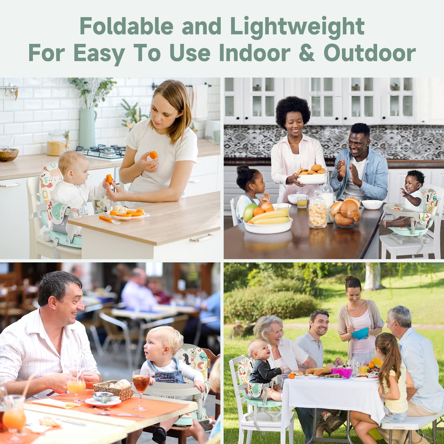 YOLEO Baby Booster Seat for Dining Table with Removable Tray, Adjustable Booster Seat Portable for Baby/Toddler Eating, Foldable Travel Dining Seat and Easy Clean (Green)