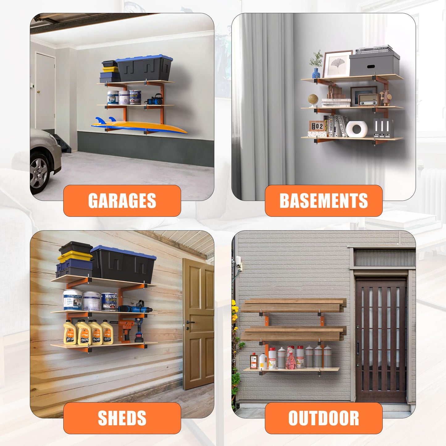 Lumber Rack Wall-Mounted Lumber Storage Rack, Heavy Duty Wood Storage Racks with 6-Level System, 1320 Lb Durable Garage Wood Organizer, Orange Lumber Metal Racks for Indoor and Outdoor (4 Pack)