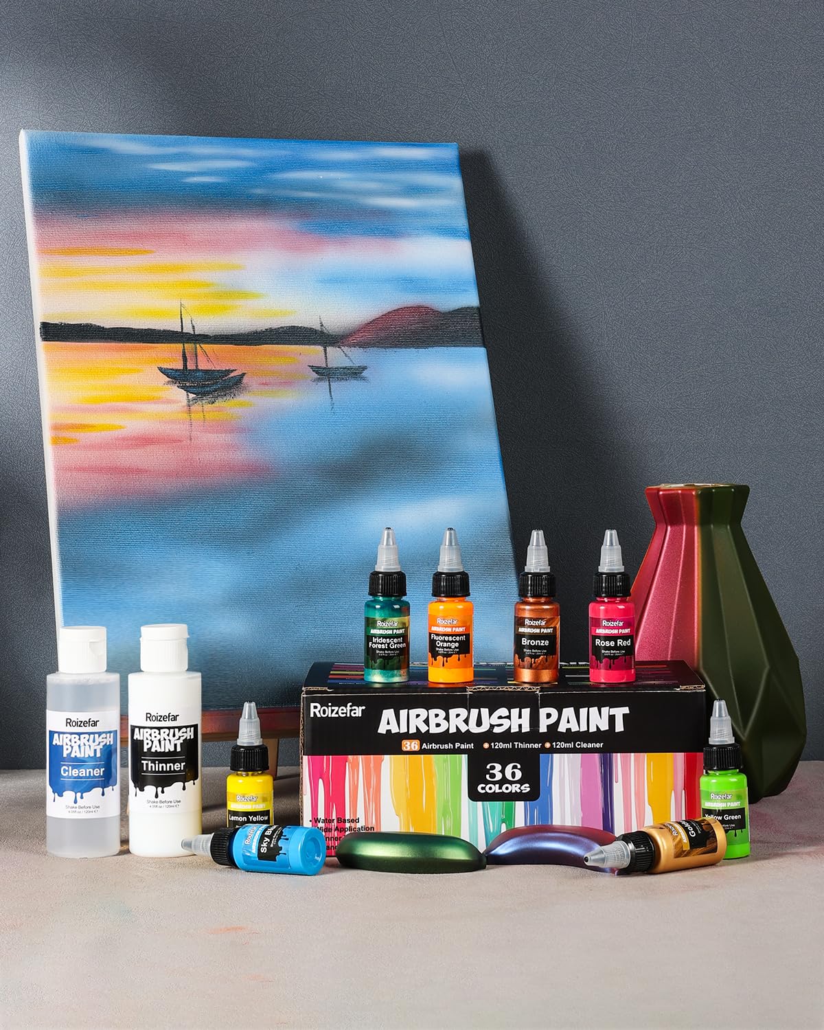 Roizefar Airbrush Paint, 36 Colors with 4.05 Fl Oz Thinner & 4.05 Fl Oz Cleaner, Water-Based Air Brush Paints Acrylic Ready to Spray, Includes Iridescent, Metallic, Neon, Classic Colors, 20ml/Bottle