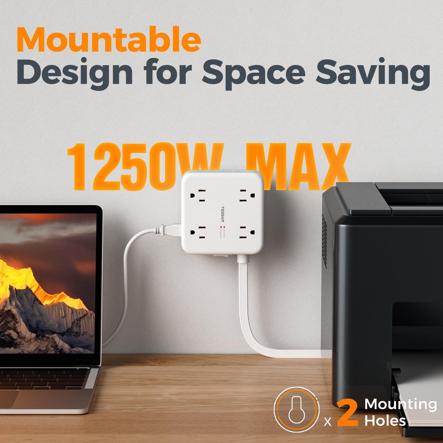 5ft Flat Plug Extension Cord Indoor, TESSAN Surge Protector Power Bar with 4 USB (2 USB C), Power Strip with 8 Multi Plug Outlets, Charging Station Wall Mount for Dorm Room Home Office
