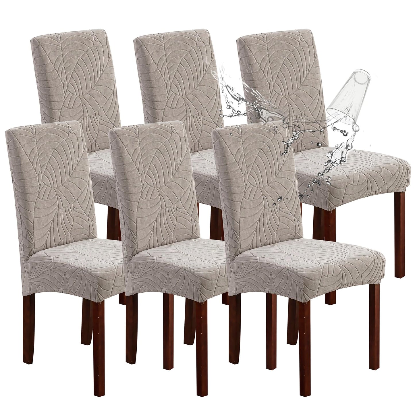 Genina Waterproof Chair Covers for Dining Room 6 Pack, Stretch Jacquard Dining Chair Cover Removable Washable Chair Protectors Cover for Kitchen, Home (Leaves-Warm Gray, 6 PCS)