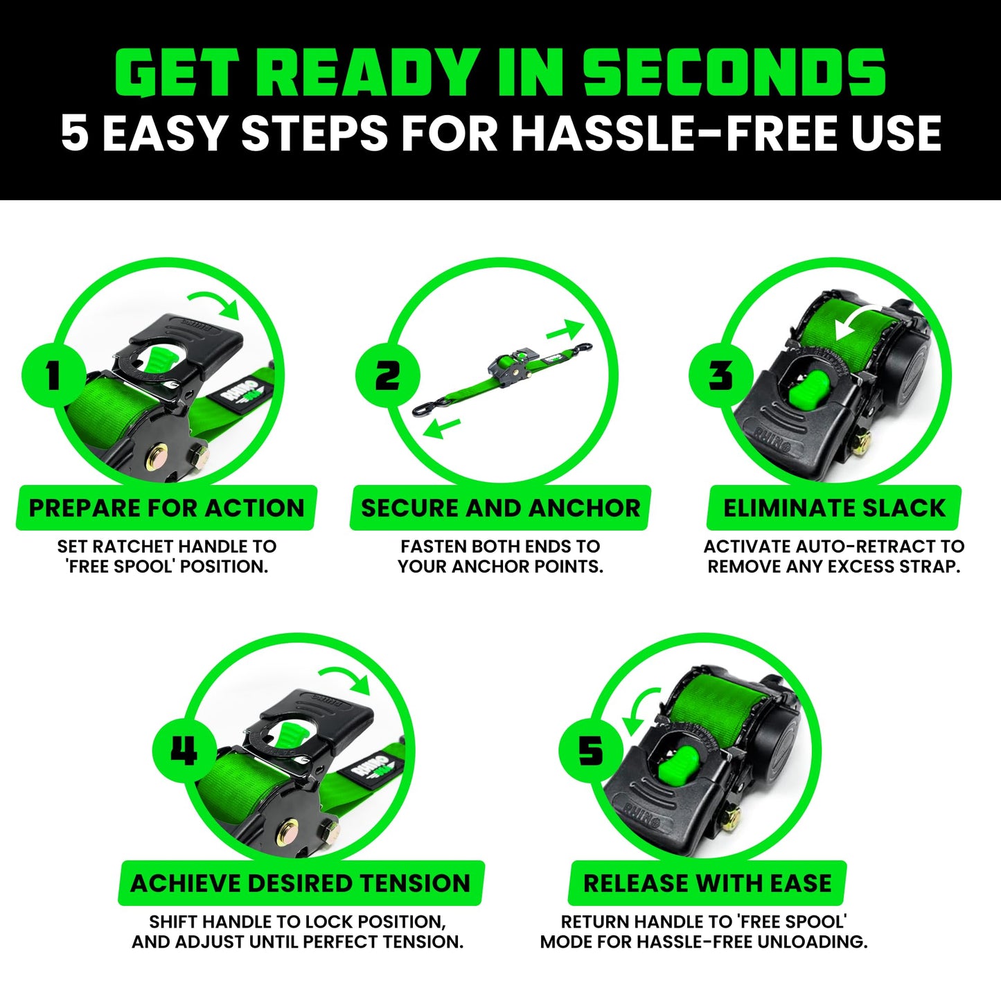Rhino USA Retractable Ratchet Straps (2-Pack) - 1 Inch x 10 Feet (1,209lb Break Strength) - Auto Self Retracting Tie Down Straps for Truck, Cargo Trailer, Motorcycle, Rad & More - Green