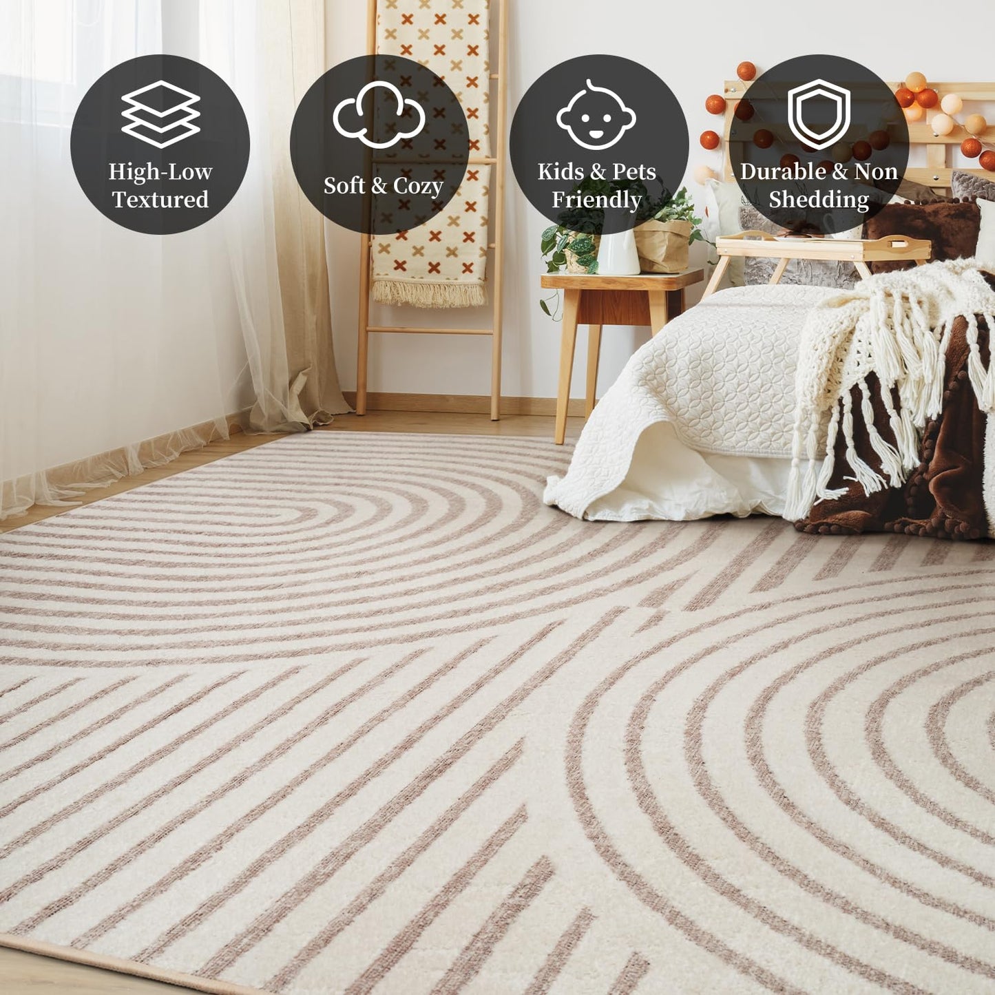 Boho Area Rug 5x7 Machine Washable Rugs for Living Room Non Slip Soft Carpet Geometric Jacquard Textured Carpet for Bedroom Dining Room Nursery Office Living Room Rug -Beige