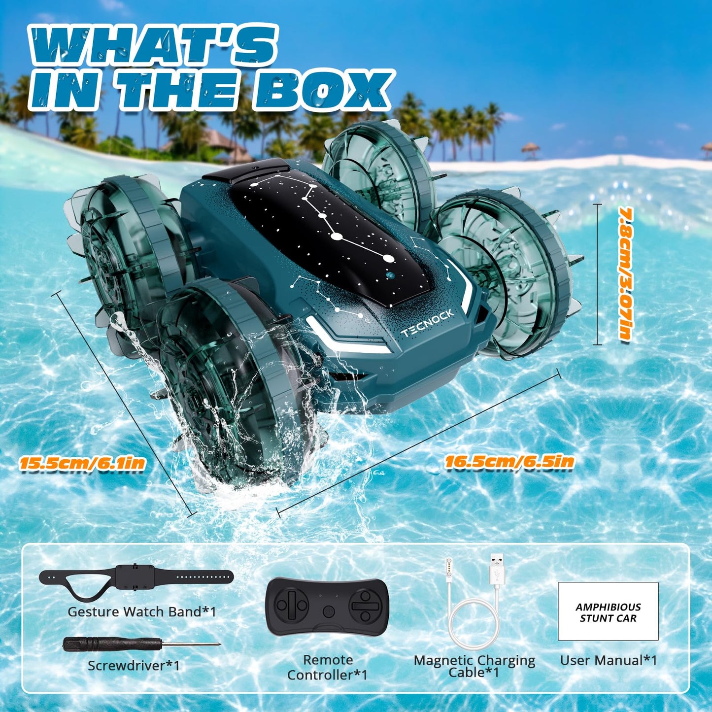 Tecnock Amphibious Remote Control Car Boat, 4WD Gesture RC Cars with Magnetic Charging, 60 Min Playtime, LED Lights, Pool Toys for Kids Ages 6-12, Gift Toys for Boys Girls