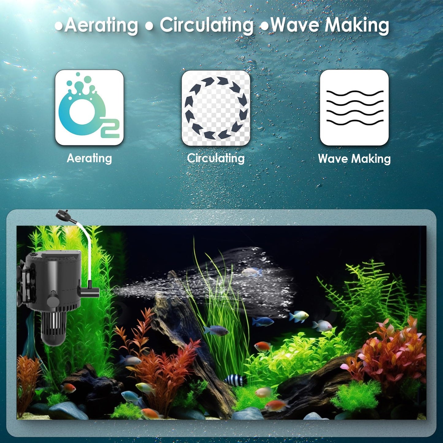 AquaMiracle Black Submersible Aquarium Powerhead Pump, 320GPH, For Tanks 60-100Gal, Wave Maker, Aeration, Fresh/Saltwater, 18W, 115V, Black