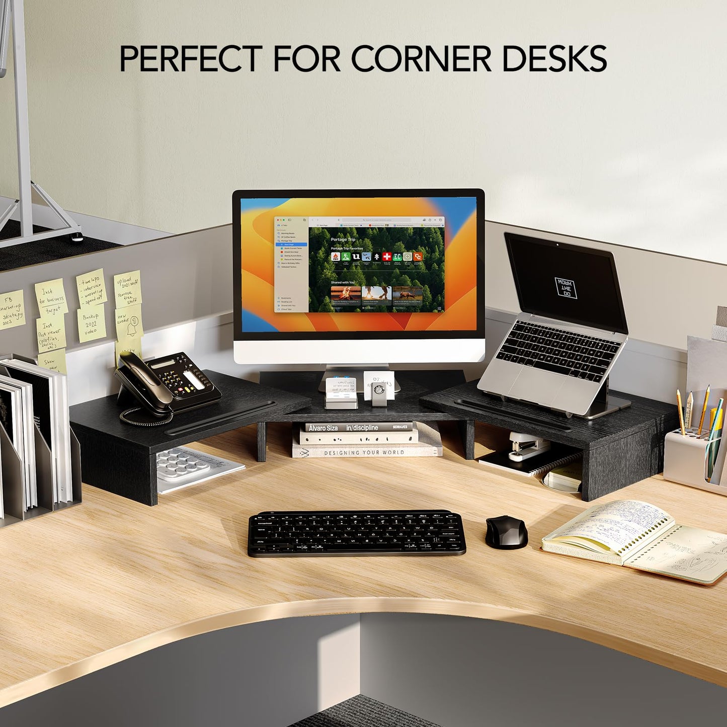 AMERIERGO Dual Monitor Stand -Adjustable Length and Angle, Dual Monitor Riser, Computer Monitor Stand w/2 Slot, Desktop Organizer, Monitor Stand Riser for PC, Computer, Laptop (Black)