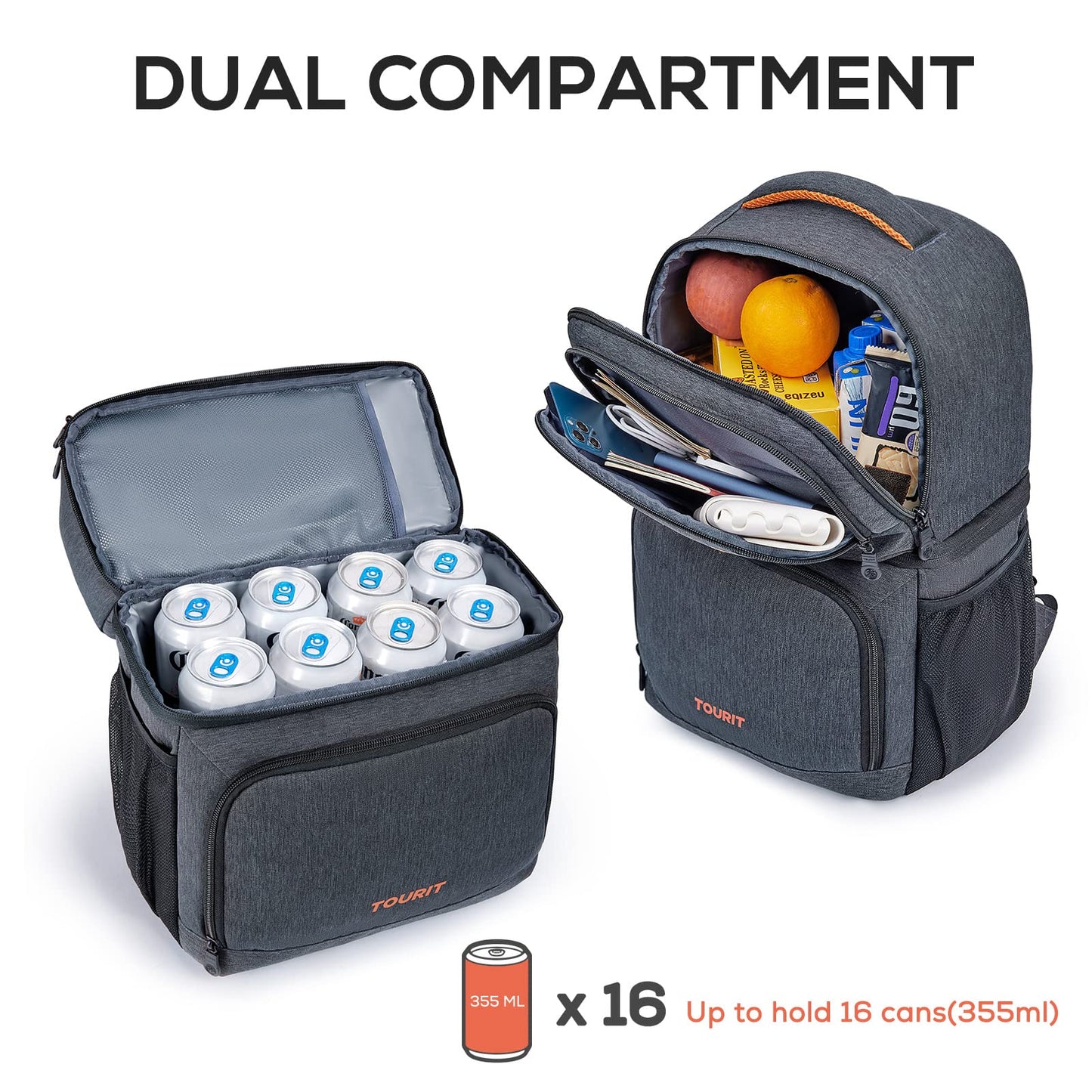 TOURIT Backpack Cooler with Double Decks, Insulated Cooling Bag for Lunch,Waterproof Lightweight for Men to Camping, Picnic, Hiking, Beach Park, Dark Grey