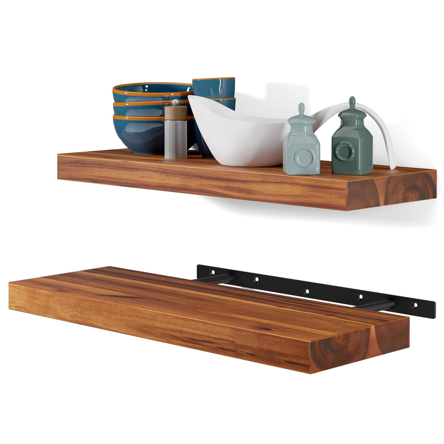 BATODA Set of 2 Acacia Wood Floating Shelves Wall Mounted – Rustic Farmhouse Wooden Wall Storage Shelf Bedroom, Kitchen, Home Décor - Brackets and Shelving Mounting for DIY (Acacia, 17 Inch)