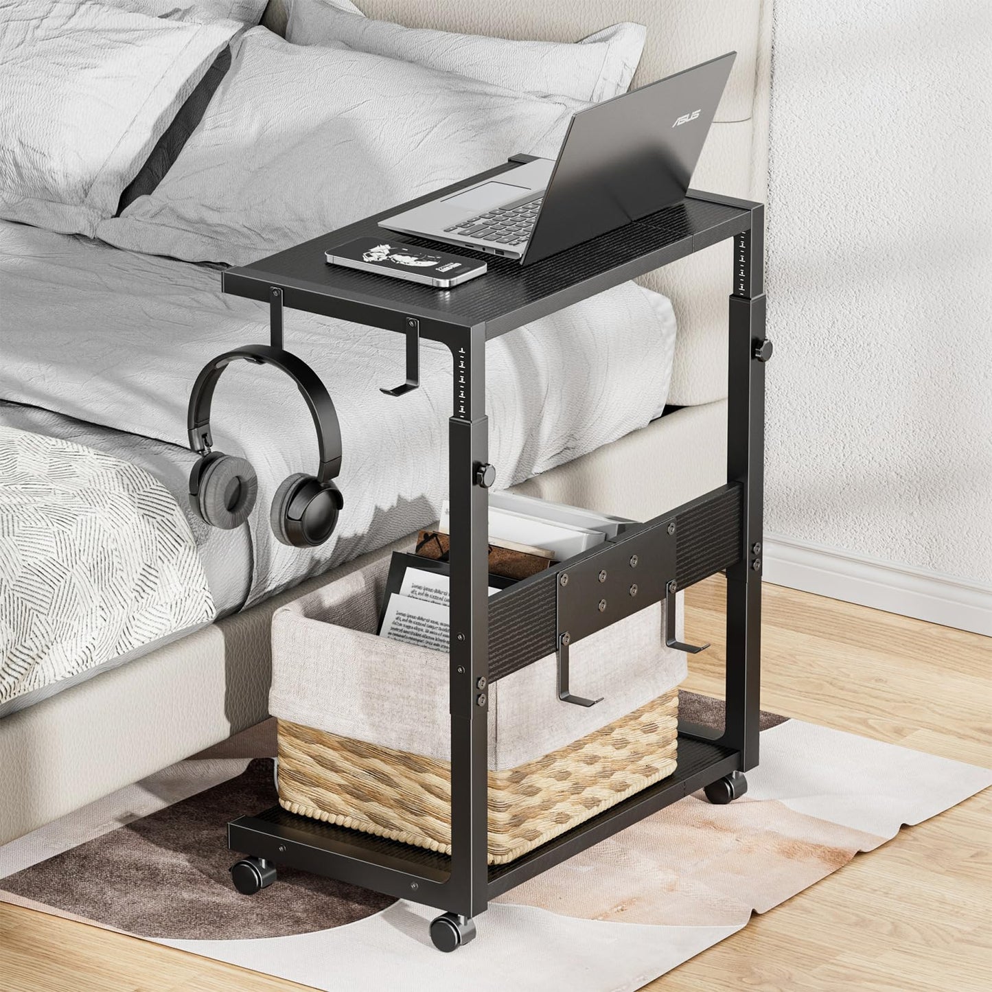 Computer Tower Stand - Height Adjustable PC Tower Stand CPU Holder Cart with Locking Wheels and 4 Hooks for Home Office,23.03"-28.3" H, Black