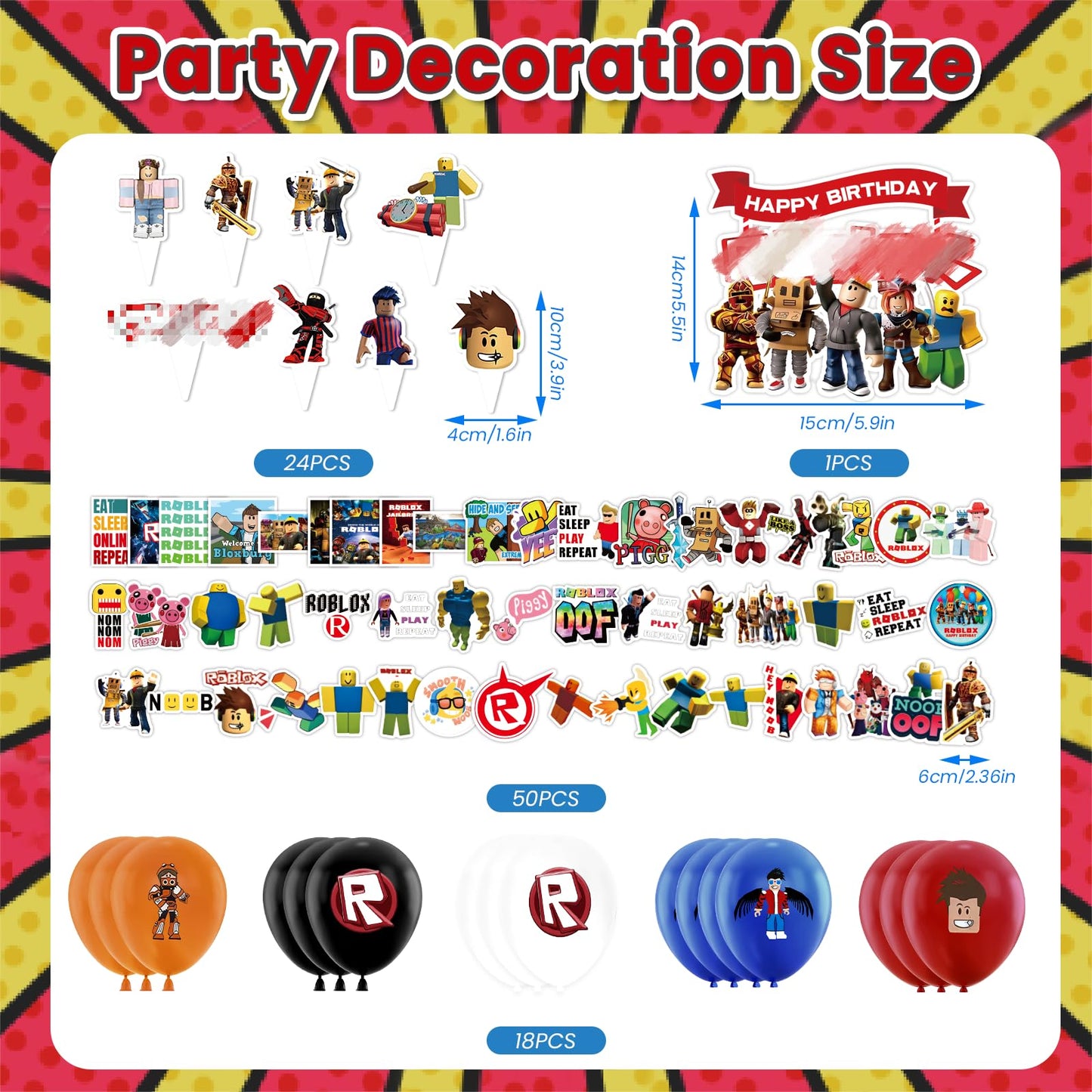 95PCS Birthday Party Decorations, Cartoon Theme Party Supplies Include Background Cloth, Banner, Stickers, Balloons, Cupcake Toppers, Tablecloth for Kids Birthday Party
