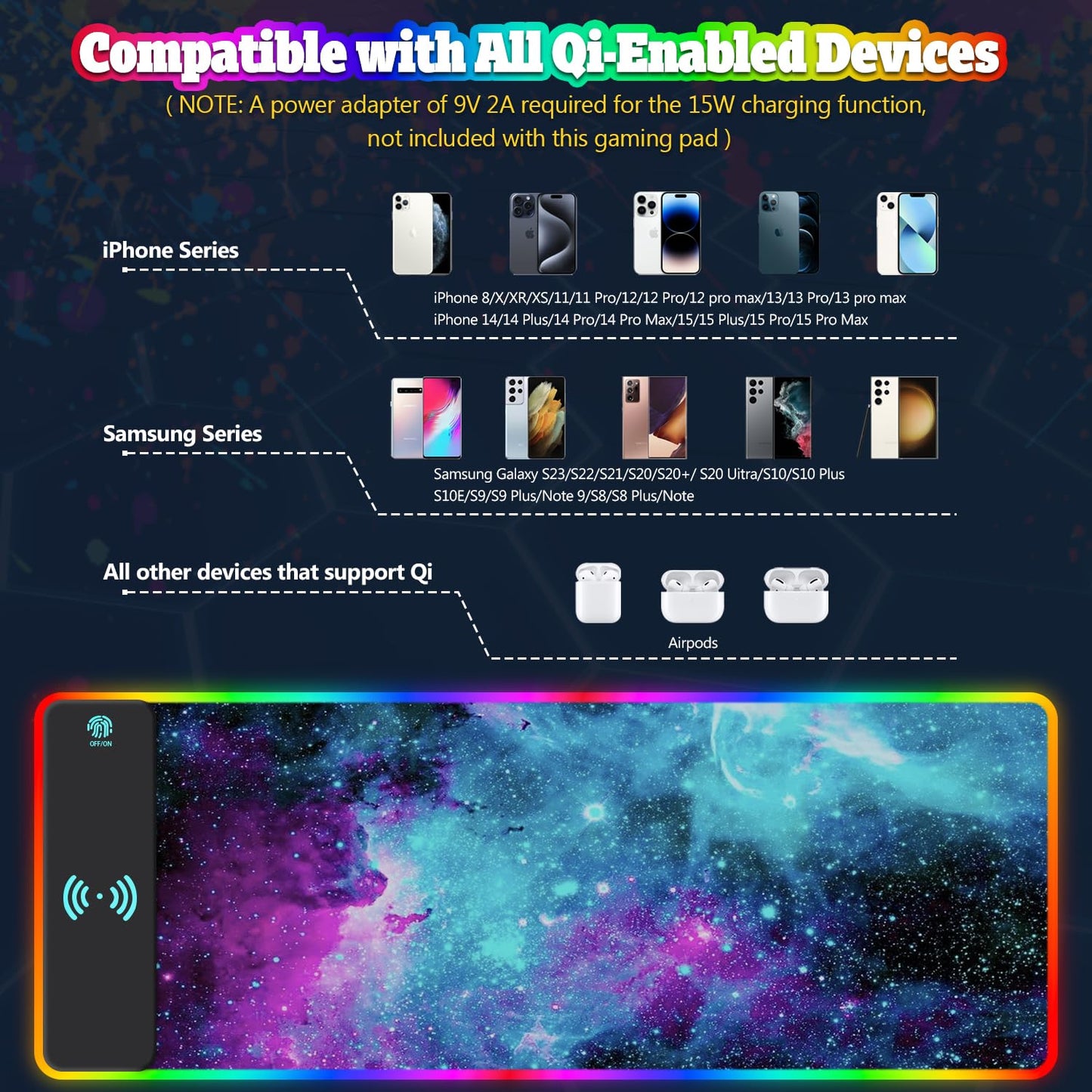 YQE Gaming Mouse Pad Wireless Charging: RGB Gamer Desk Mat 15W for Keyboard and Mouse, Large LED Desk Pad with 10 Colors LED Light, Non-Slip Rubber Base Keyboard Pad for Gaming, PC, Laptop