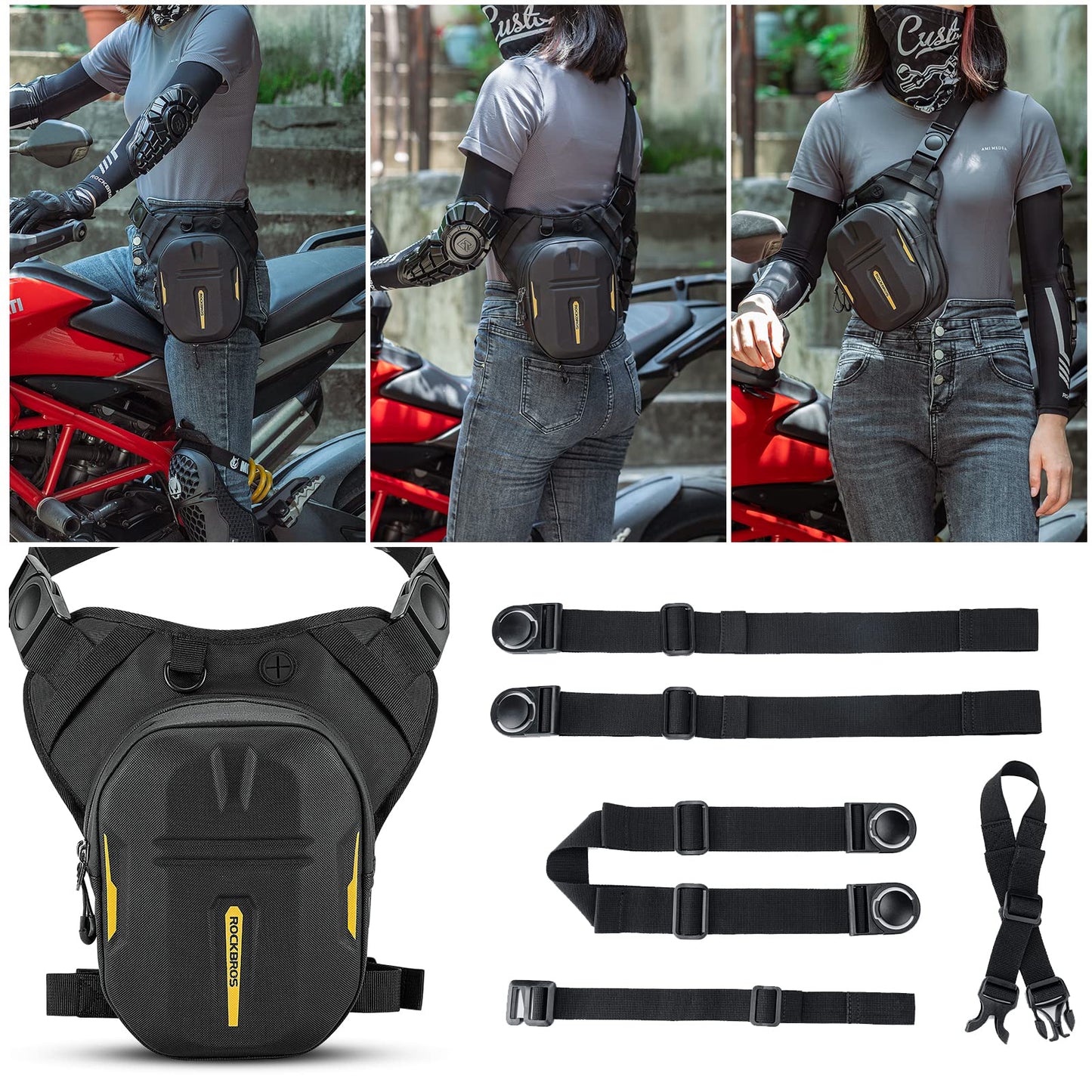 ROCKBROS Drop Leg Bag 3 IN 1 Motorcycle Waist Pack Thigh Bag Magnetic Motorcycle Tank Bag Muti-functions Leg Pouch for Men Women Cycling Hiking Running Camping Travel 10L Black
