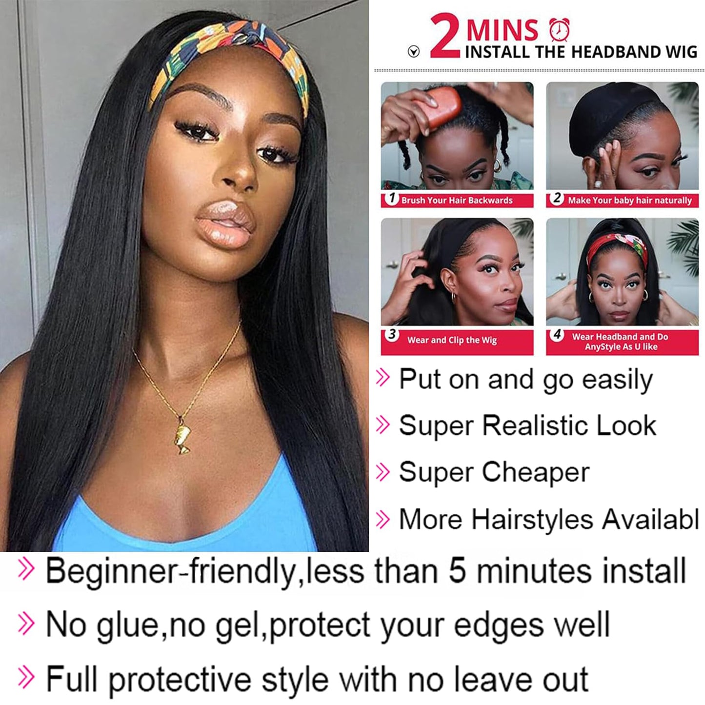 Straight Headband Wig Human Hair Wear and Go Glueless Wigs 150% Density Machine Made No Lace Headband Wig 20 Inch Natural Color Brazilian Virgin Hair