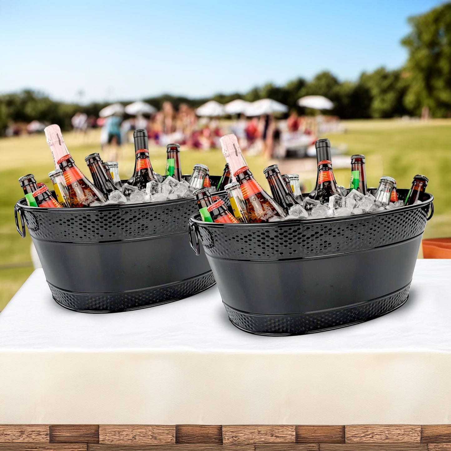 BREKX Colt Black Galvanized Beverage Tub with Handles, 16-Bottle Metal Bucket Ice Cooler to Chill Drinks, Oval Metal Basket for Drinks or Storage Bin - 15 Quarts (4 Gallon)