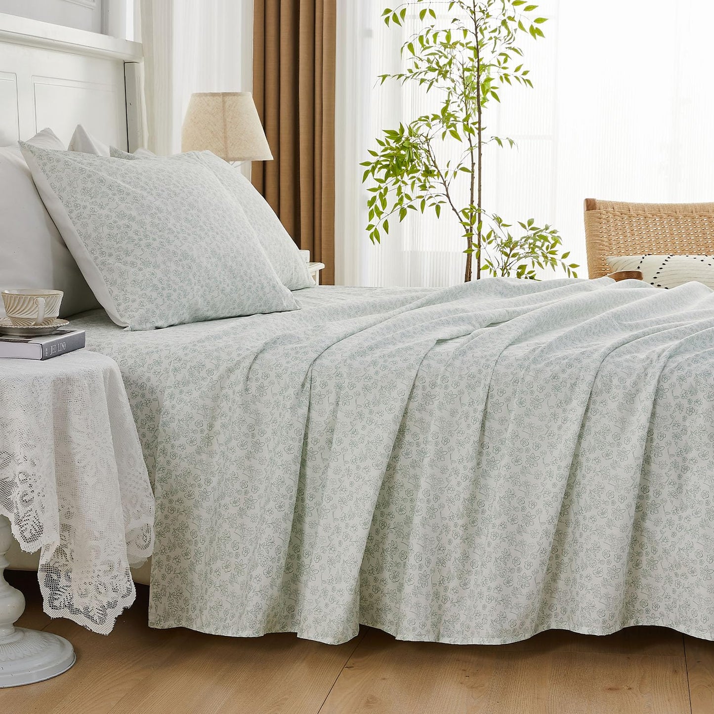 Gogreen 100% Cotton Sheet Set Queen Size, Light Geen Floral, 4PC Set, Breathable Bed Sheet for Hot Sleeper and Night Sweats, Deep Pocket Up to 16 Inches