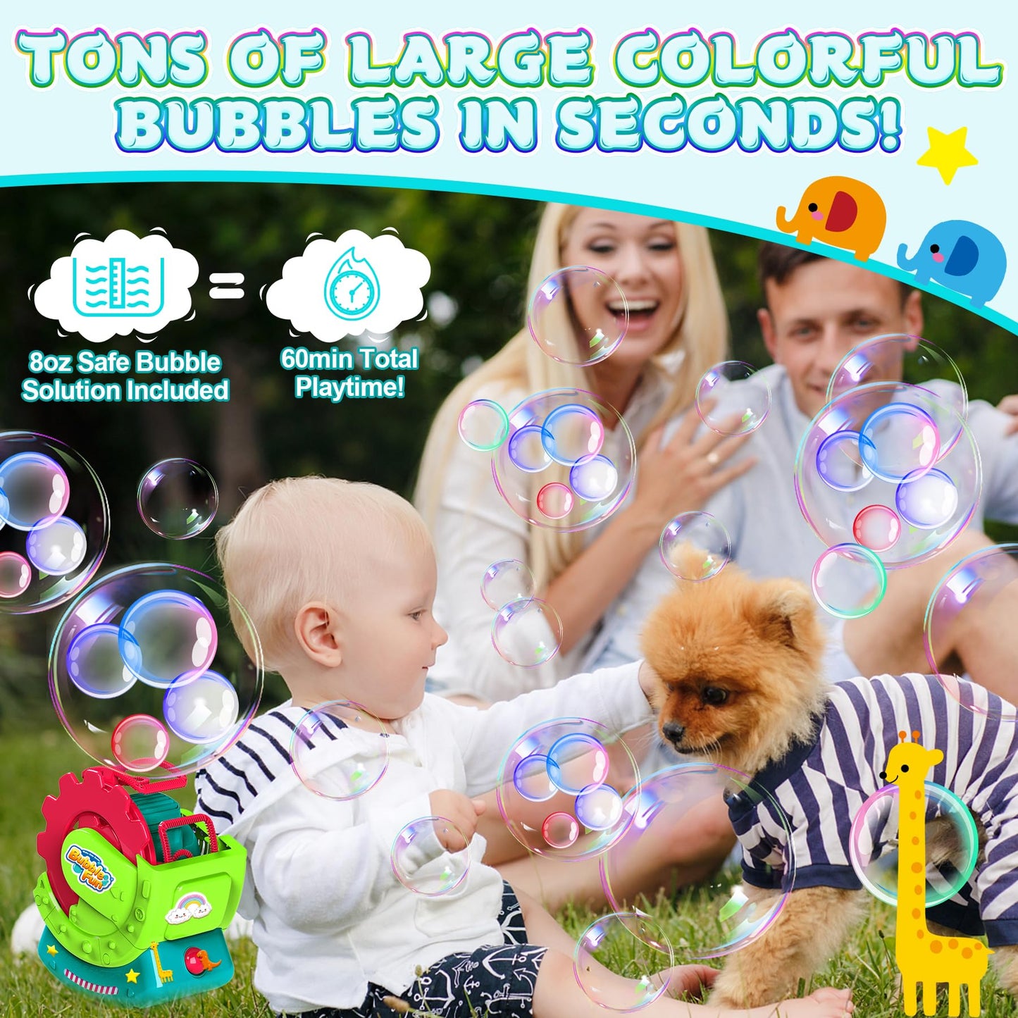 Bubble Machine for Toddlers Kids & Pets, with 8oz Safe Solution, Extra Large & Bubbles in Bubble Maker, Children & Pets Dog Toys Gift, Indoor/Outdoor Birthday Wedding Party Bubble Blower