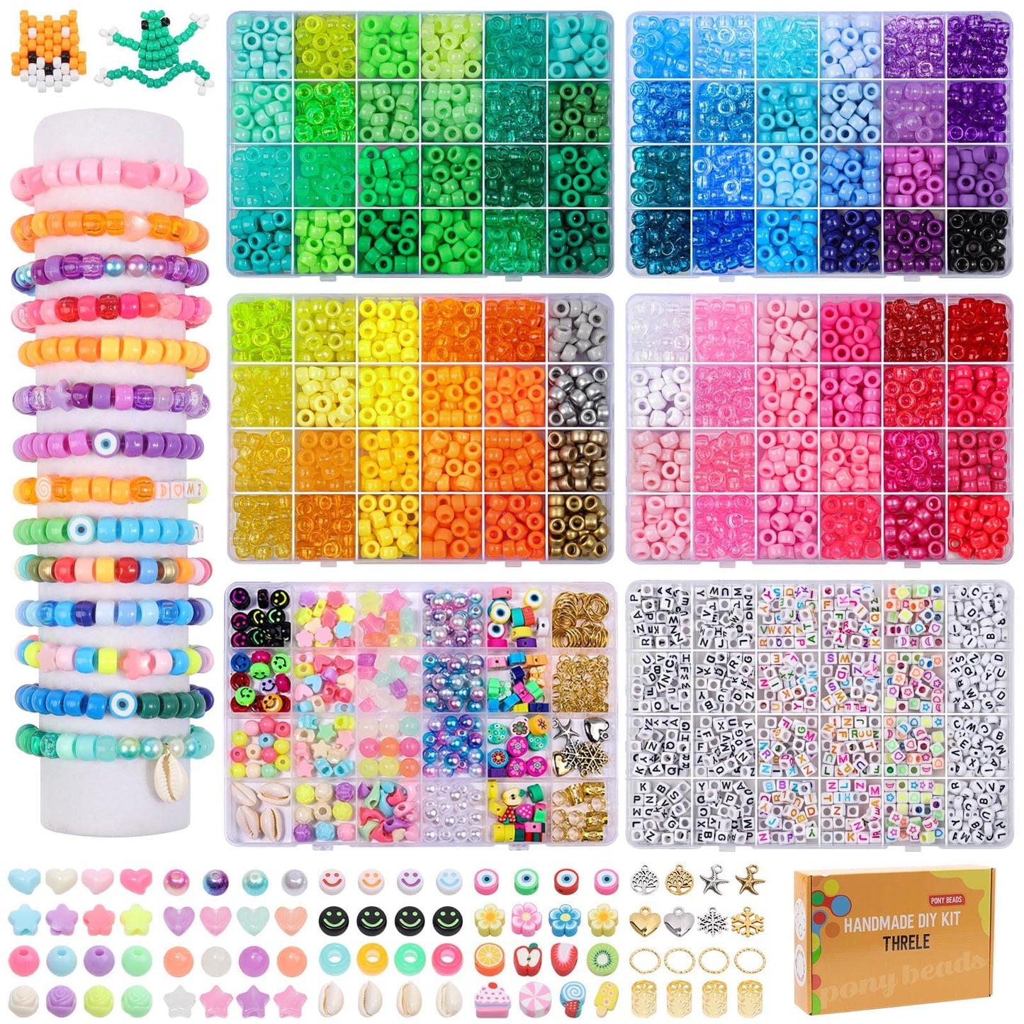 THRELE 4000pcs Pony Beads Friendship Bracelet Making Kit Included 96 Colors Kandi Bead,Letter Beads,Beads for Bracelet Making Kit DIY Crafts